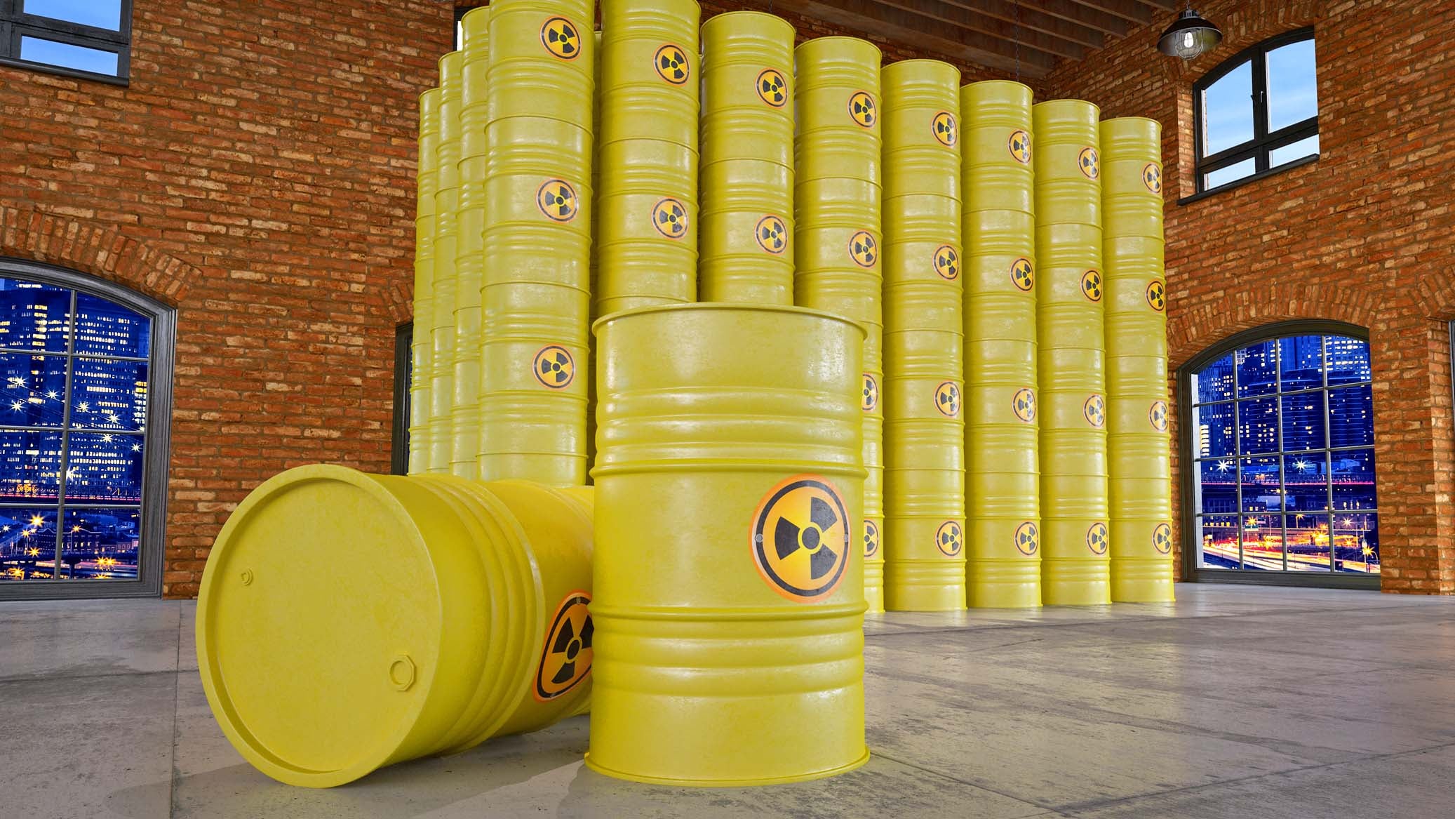 Storage of Yellow Barrels with Nuclear Toxic Waste. 3D Render