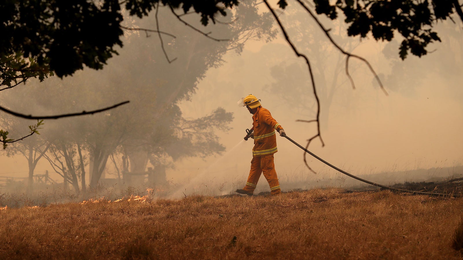 20.12.2019, Australien, Adelaide: Ein Feuerwehrmann l&ouml;scht einen Brand. Erneut sterben infolge der verheerenden Buschbr&auml;nde in Australien Menschen. Der australische Premier g&ouml;nnt sich derweil eine Auszeit mit seiner Familie auf Hawaii. Foto: Kelly Barnes/AAP/dpa +++ dpa-Bildfunk +++