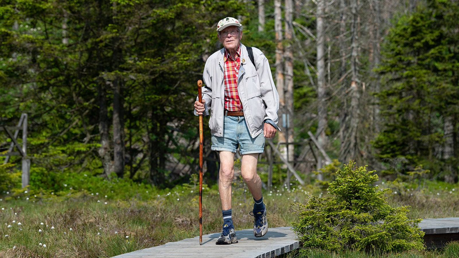 ARCHIV - 04.06.2019, Niedersachsen, Torfhaus: Der als &laquo;Brocken Benno&raquo; bekannte Benno Schmidt wandert mit einem Wanderstock &uuml;ber den Goetheweg am Torfhausmoor entlang. (zu dpa &laquo;Am 88. Geburtstag zum 8888. Mal auf den Brocken&raquo;) Foto: Swen Pf&ouml;rtner/dpa +++ dpa-Bildfunk +++