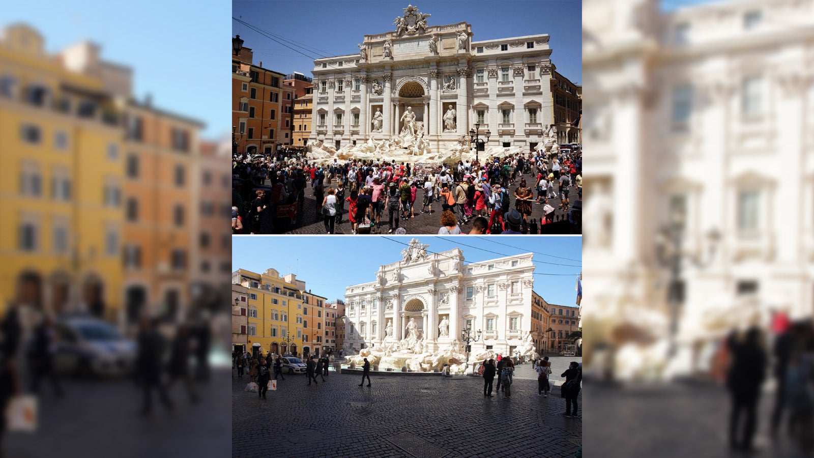 Archivaufnahme vom 12.06.2017 (oben) und Blick auf den fast menschenleeren Trevi-Brunnen am 11.03.2020