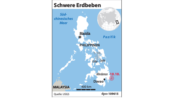 Eine Grafik zeigt, wo sich das Erdbeben auf den Philippinen ereignete (Grafik: A. Zafirlis; Redaktion: B. Schaller/A. Br&uuml;hl)