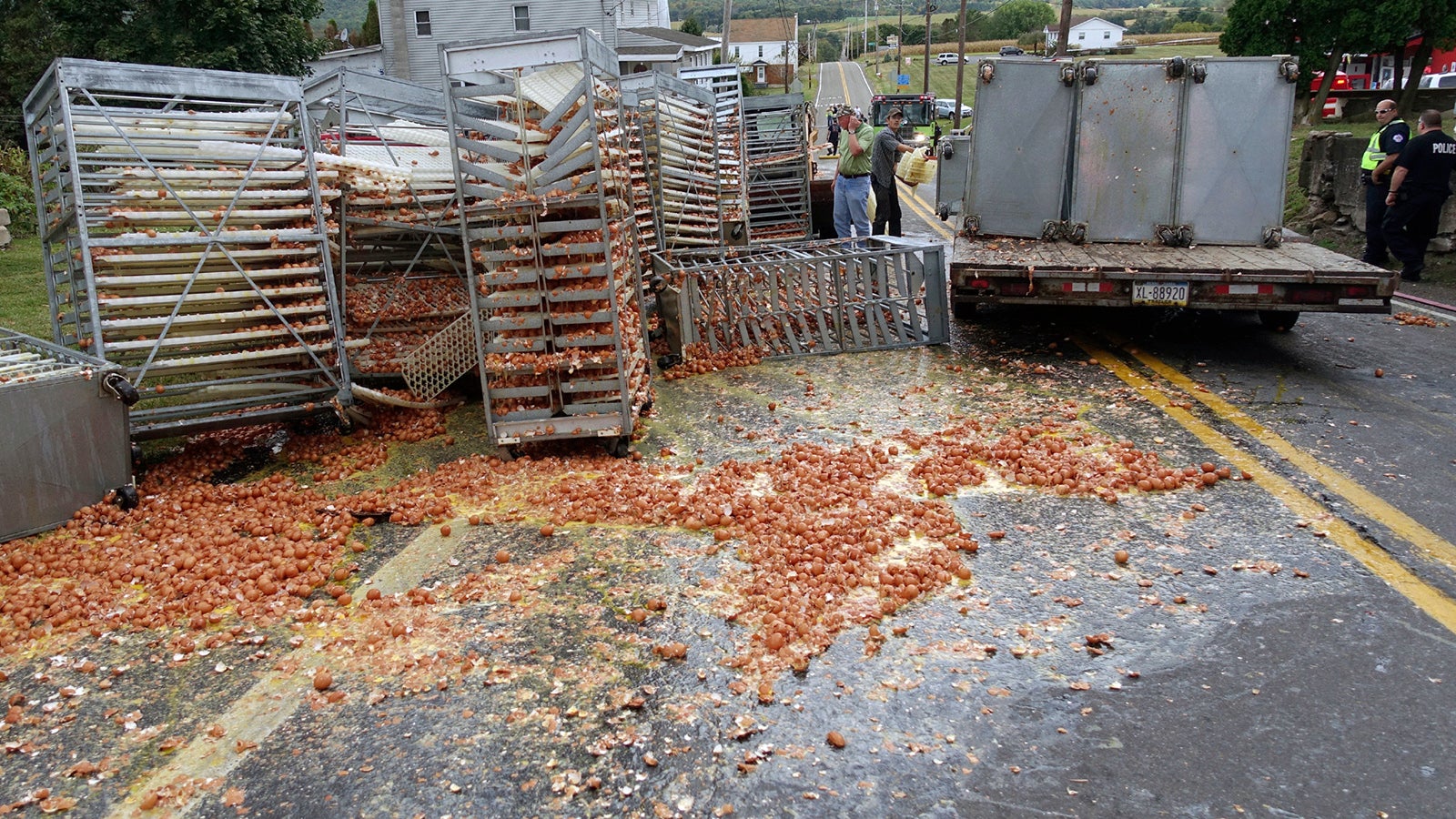Smashed eggs clutter Route 125 in Hegins Township, Pa., Tuesday morning, Sept. 24, 2019, after a truck overturned spilling tens of thousands of eggs onto the road. These were fertilized chicken eggs on their way to an incubator. Police say a tractor-trailer driving through Pennsylvania lost over 136,000 eggs when its load shifted. In total, 11,340 dozen eggs and 2,260 gallons of egg product were lost as 66-year-old Joseph Miles drove through Hegins Township Tuesday morning. Police say Miles was driving north on Route 125 uphill. As he approached the Route 25 intersection, the load shifted causing the eggs to fall and roll down the hill. Miles reportedly did not realize the eggs had fallen and continued his drive. (Frank Andruscavage/Republican-Herald via AP)