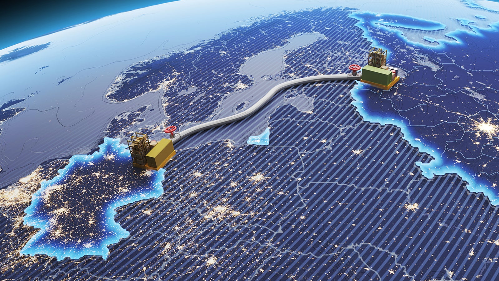 3D render of the construction of the gas pipe Nord Stream 2. The concept of sanctions and economic war, an anvil falling on a gas pipe. 3D rendering