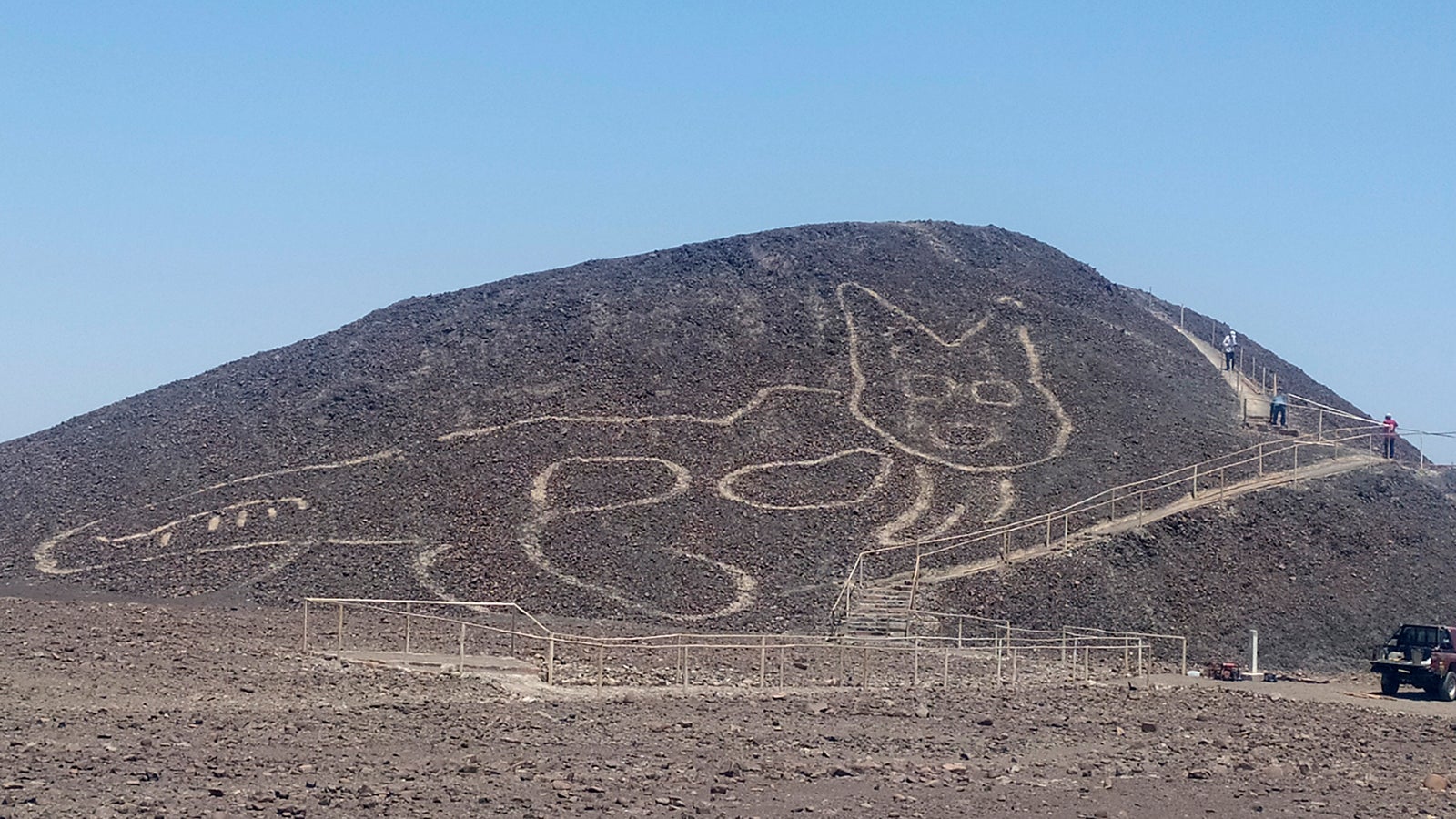 This handout photo provided by Peru's Ministry of Culture-Nasca-Palpa shows the figure of a feline on a hillside in Nazca, Peru, Friday, Oct. 9, 2020. Peruvian archaeologists carrying out maintenance work in the renowned Nazca Lines geoglyphs site have discovered the figure of a feline which was barely discernible and almost completely erased, the Ministry of Culture reported on Friday, Oct. 16.  (Jhony Islas/Peru's Ministry of Culture - Nasca-Palpa via AP)