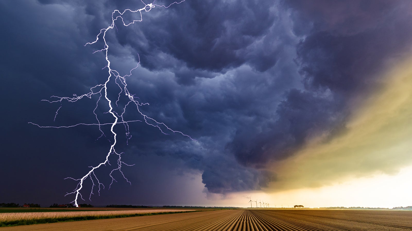 This is a picture of a storm as it is building up over an uncultivated  agricultural field and some wind turbines in the horizon. It was shot at a location in the eastern part of the Netherlands.
