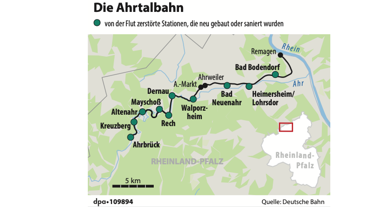 Eine Grafik zeigt Stationen der Ahrtalbahn, die nach der Flut neu gebaut wurden. (Grafik/Redaktion: A. Br&uuml;hl/dpa-infografik GmbH)
