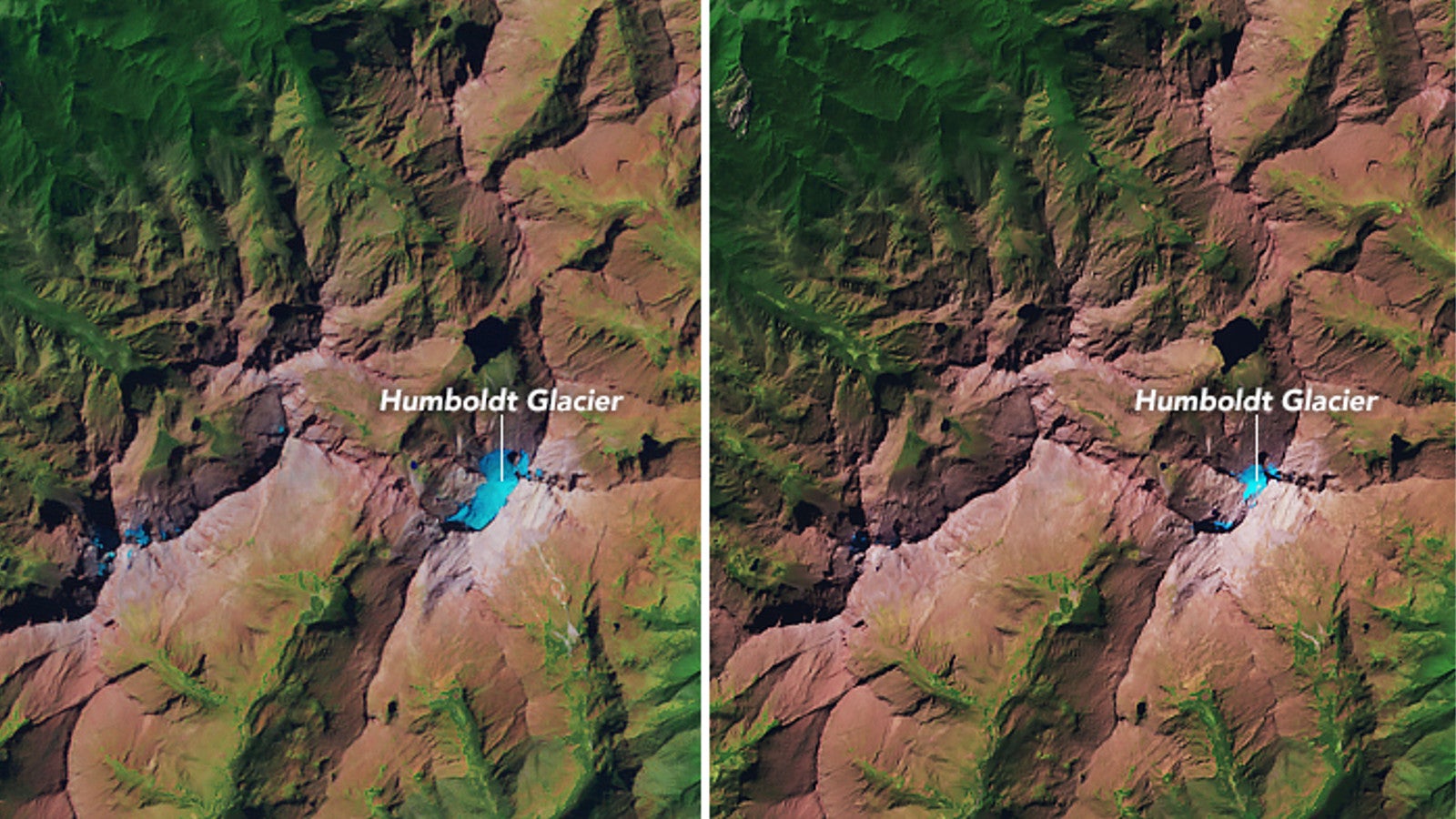 Links: Der Gletscher am 20. Januar 1988; Rechts: Der Gletscher am 6. Januar 2015
