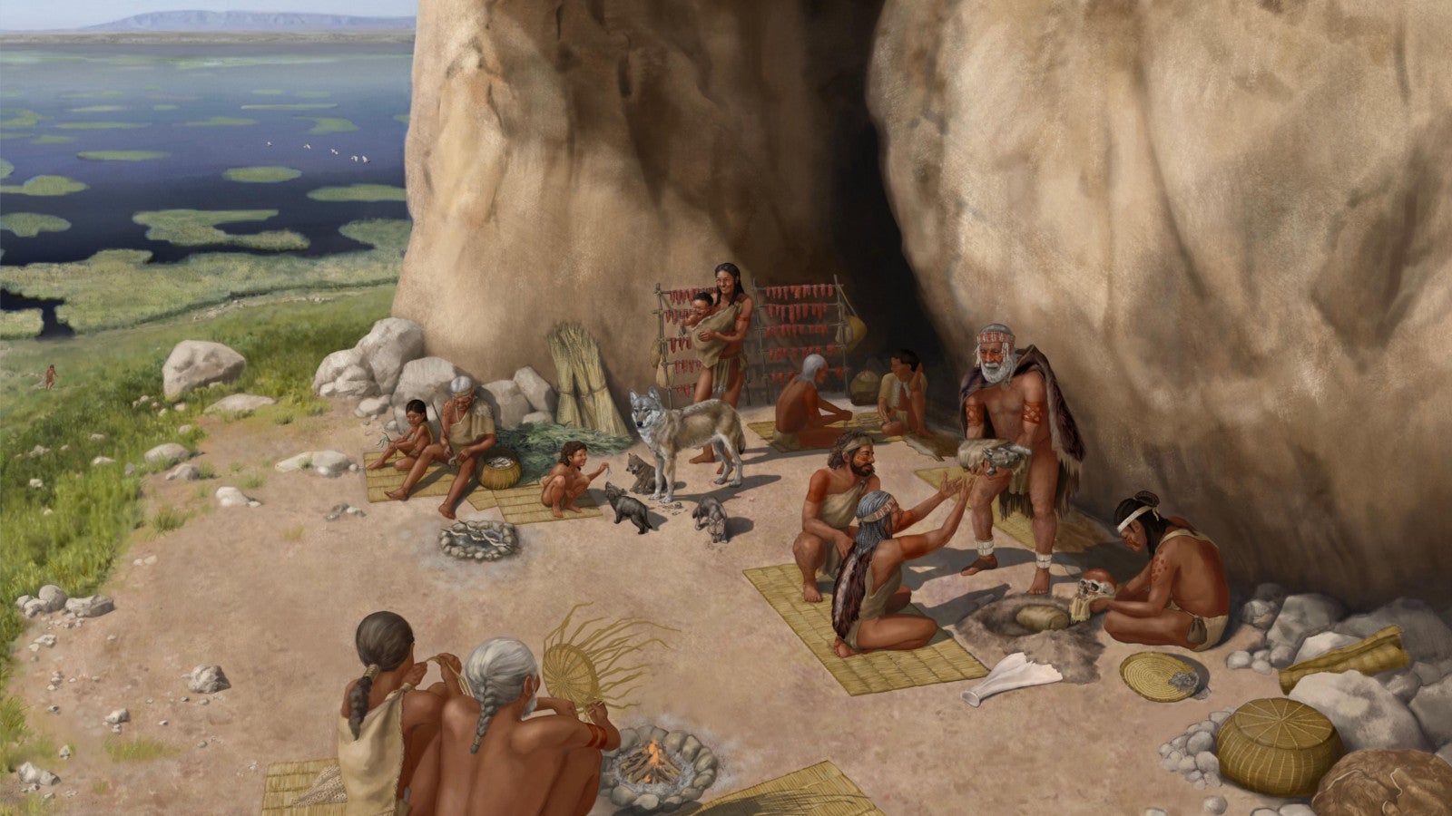 K&uuml;nstlerische Rekonstruktion von Pınarbaşı vor etwa 15.800 Jahren von Kathryn Killackey, basierend auf Erkenntnissen aus arch&auml;ologischen Ausgrabung. Hunde waren einer Studie zufolge schon verbreitete Begleiter der J&auml;ger- und Sammler-Gemeinschaften Europas. Der &auml;lteste genetische Nachweis stammt demnach von einem Hund, der vor 15.800 Jahren lebte. Der zuvor &auml;lteste genetische Nachweis war rund 5.000 Jahre j&uuml;nger. In zwei Studien im Fachjournal &laquo;Nature&raquo; belegen Forscher die weite Verbreitung der Hunde bereits vor Einf&uuml;hrung der Landwirtschaft. Foto: --/Kathryn Killackey/Springernature/dpa