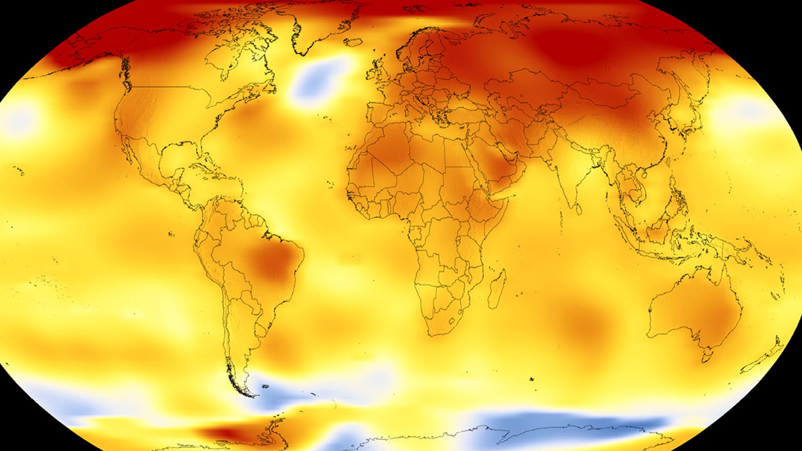 NASA&rsquo;s Scientific Visualization Studio.

This map shows Earth&rsquo;s average global temperature from 2013 to 2017, as compared to a baseline average from 1951 to 1980, according to an analysis by NASA&rsquo;s Goddard Institute for Space Studies. Yellows, oranges, and reds show regions warmer than the baseline