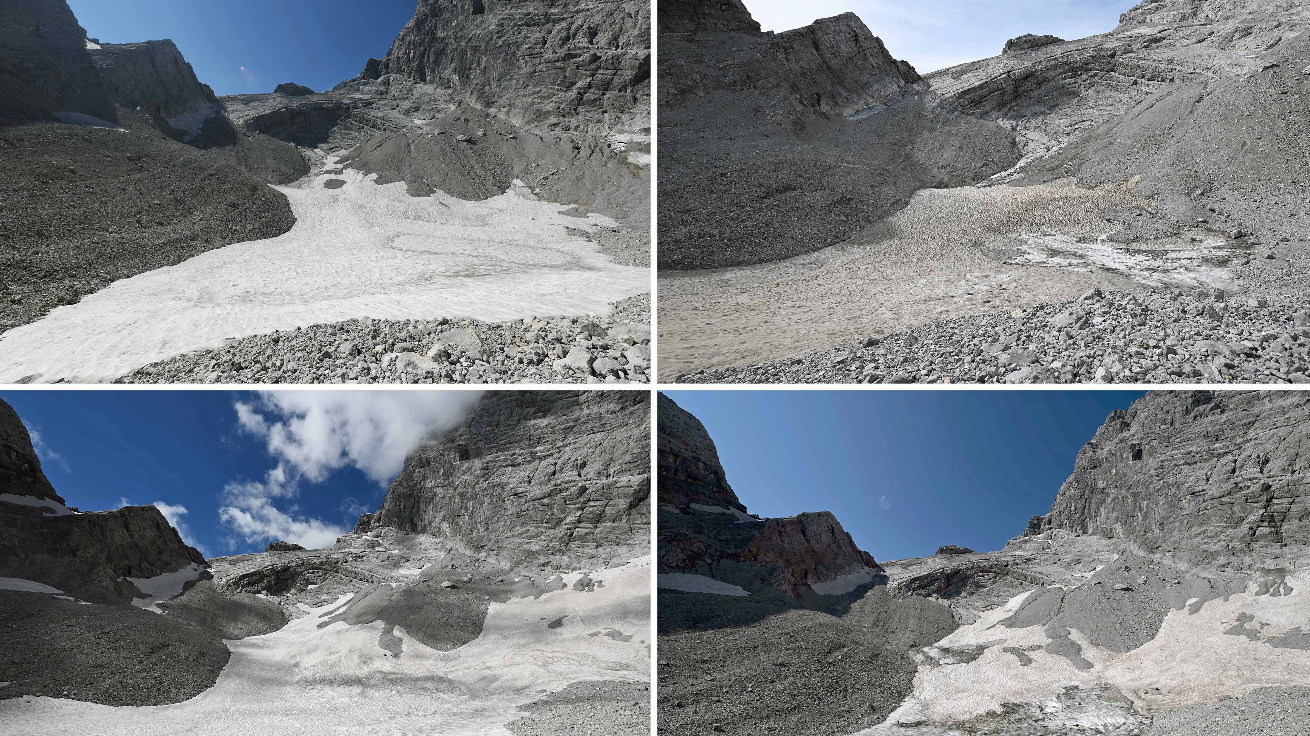 Die Reste des Gletschers Watzmann auf 2060 Meter im oberen Watzmannkar, in einigen Jahren teilweise bedeckt mit Altschnee, am 10.09.2021 (oben, l), 05.09.2022 (oben, r), 11.08.2023 (unten, l) und 14.08.2024 (unten, r). Die letzten Gletscher Deutschlands schmelzen immer schneller.