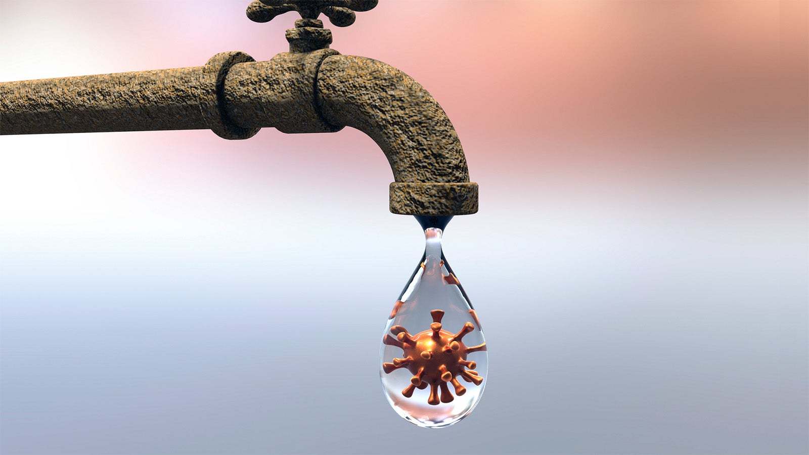 Safety of drinking water concept, 3D illustration showing tap with drop of water containing virus