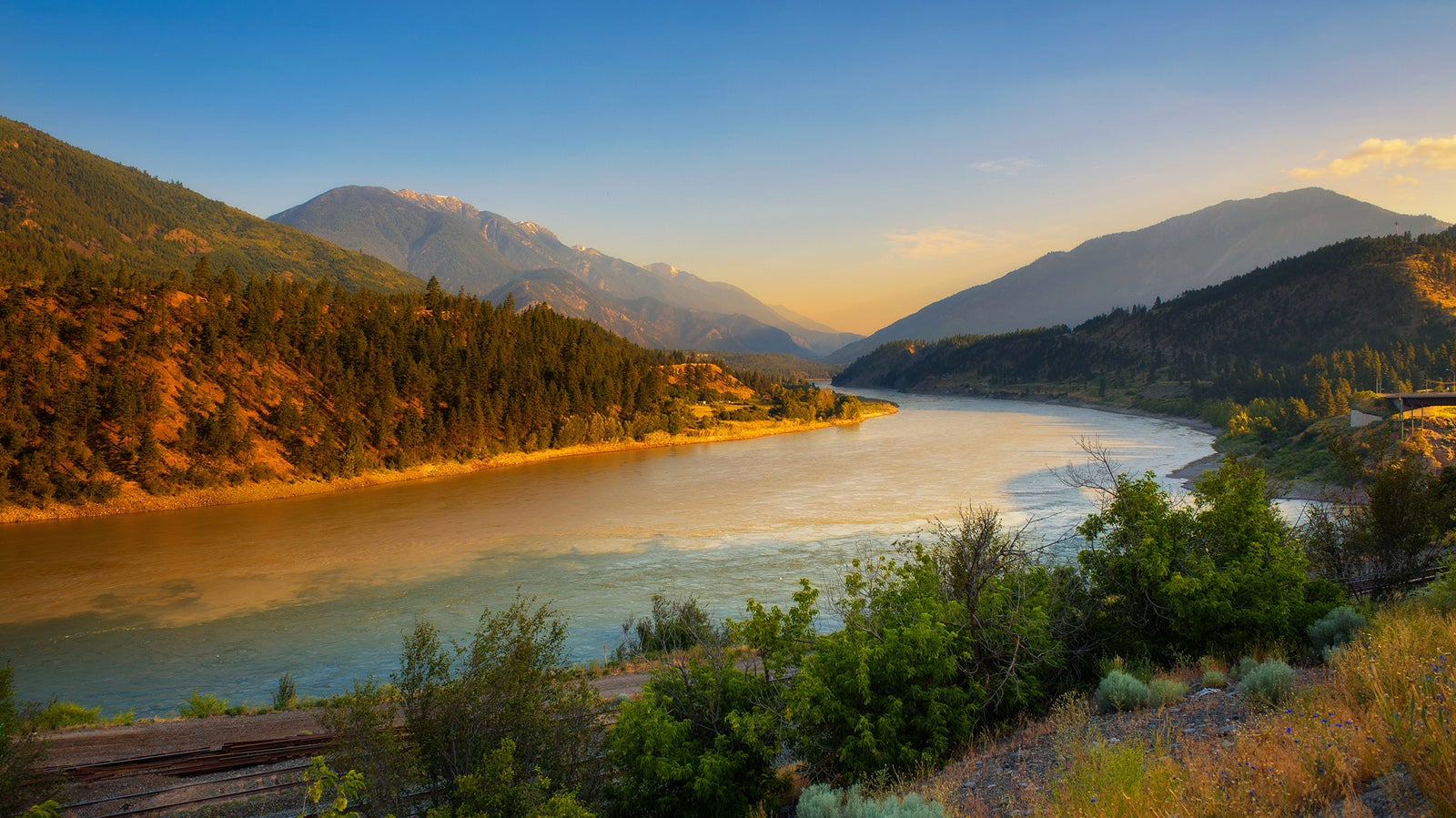 Sunset above Fraser River in Lytton,  Canada. Lytton is situated in British Columbia at the confluence of the Thompson River and Fraser River