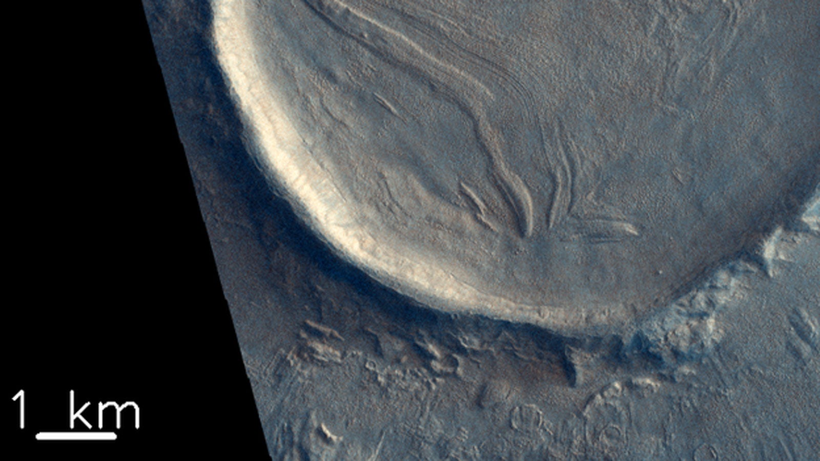 Gefalteter Krater am Mars ESA/Roscosmos/CaSSIS, CC BY-SA 3.0 IGO