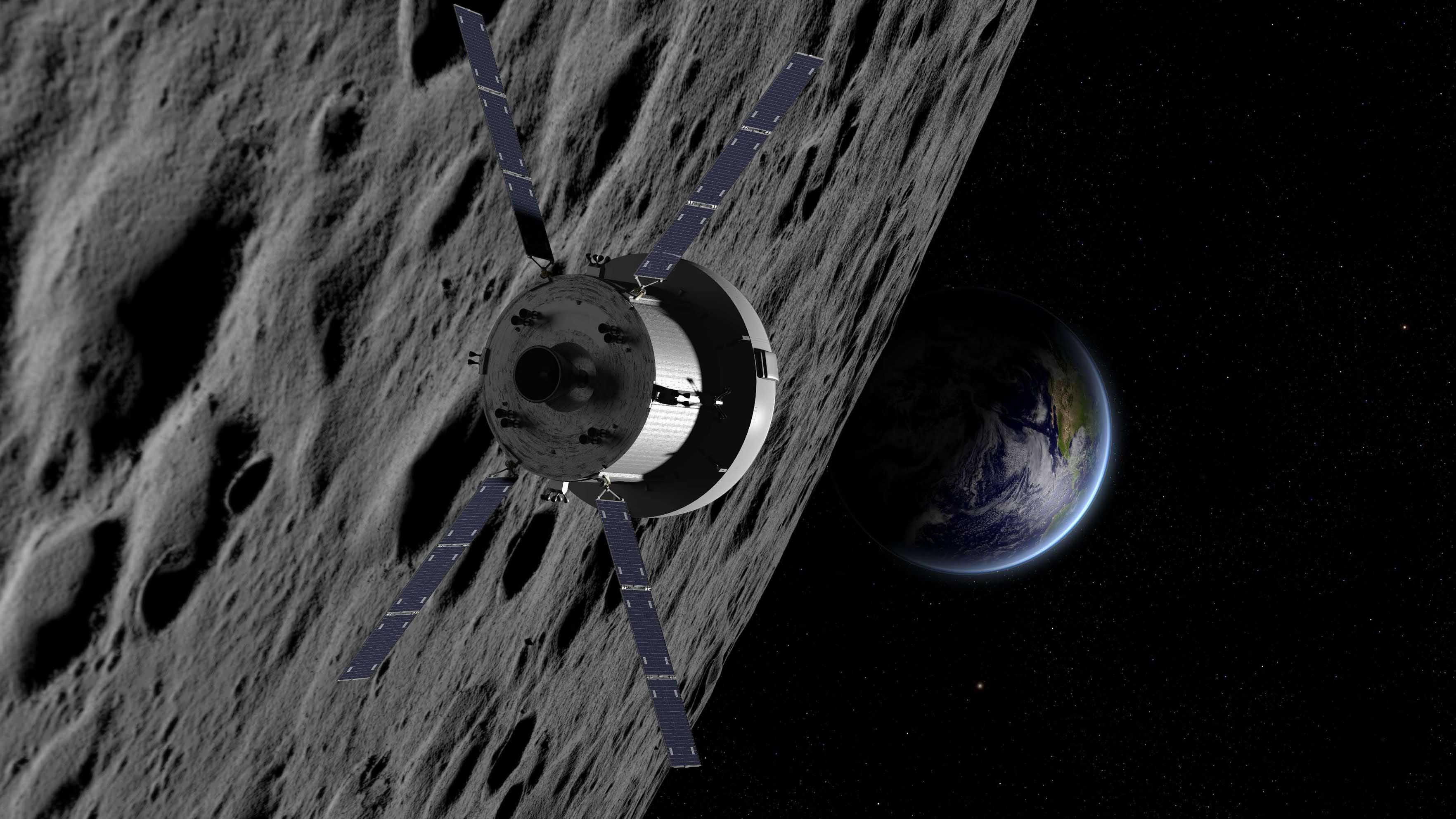 HANDOUT - 13.06.2019, ---: Die k&uuml;nstlerische Darstellung der Nasa zeigt das Orion-Raumschiff auf dem Weg zum Mond. Das greifbarste Mondprojekt unter deutscher F&uuml;hrung sieht aus wie ein Zylinder - vier Meter hoch, vier Meter Durchmesser - und hat den sperrigen Namen European Service Module, kurz: ESM. Seit 2016 schraubt der Konzern im Auftrag der Esa an dem Modul, das der Antrieb f&uuml;r das Orion-Raumschiff der US-Raumfahrtbeh&ouml;rde Nasa werden soll. (zu dpa "Mondfieber - Wie sich Deutschlands Raumfahrt im All behaupten will!") Foto: NASa - ACHTUNG: Nur zur redaktionellen Verwendung und nur mit vollst&auml;ndiger Nennung des vorstehenden Credits +++ dpa-Bildfunk +++