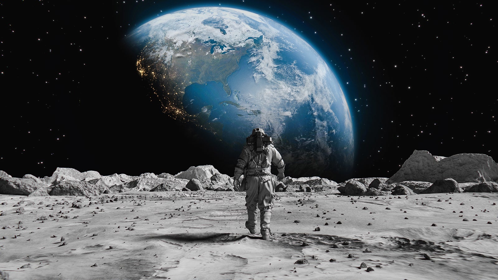 Following Shot of Brave Astronaut in Space Suit Confidently Walking on Moon Towards Planet Earth. Earth as viewed from Moon surface. Covered in Rocks. First Astronaut On the Moon Surface.  Flight over Moon craters. Moon surface, Desert, Cliffs, sand. Big Moment for the Human Race. Advanced Technologies, Space Exploration/ Travel, Colonization Concept.