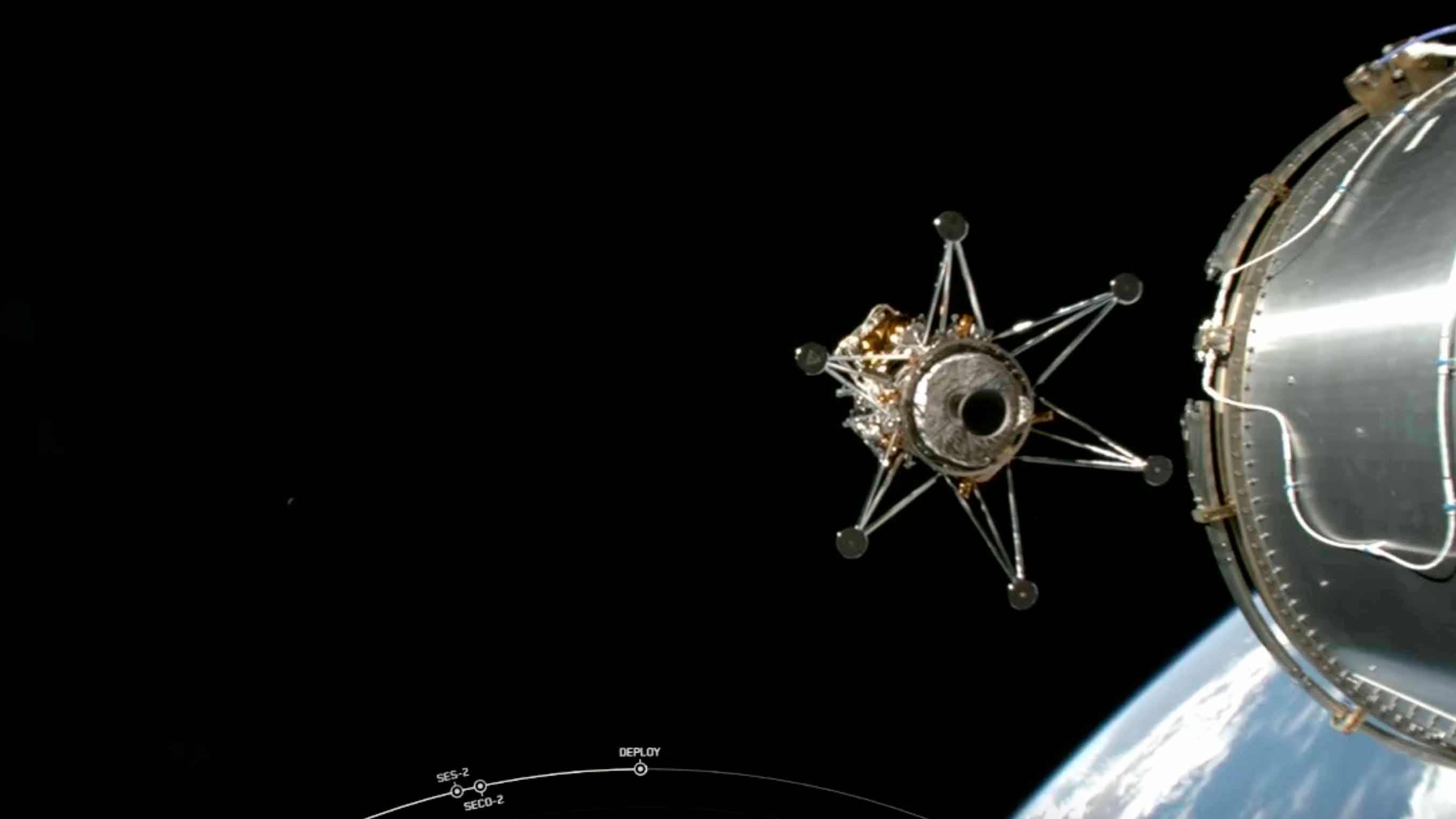 HANDOUT - 15.02.2024, ---, -: Dieses Bild aus einem von SpaceX &uuml;ber NASA TV zur Verf&uuml;gung gestellten Video zeigt die Mondlandef&auml;hre von Intuitive Machines, die sich von der Oberstufe der Rakete trennt und auf den Mond zusteuert. Nach mehreren gescheiterten Versuchen verschiedener Unternehmen hat ein weiteres das Ziel einer ersten kommerziellen Mondlandung in Angriff genommen. Foto: Uncredited/SpaceX via NASA TV/AP/dpa - ACHTUNG: Nur zur redaktionellen Verwendung bis zum 28.02.2024 im Zusammenhang mit der aktuellen Berichterstattung und nur mit vollst&auml;ndiger Nennung des vorstehenden Credits +++ dpa-Bildfunk +++