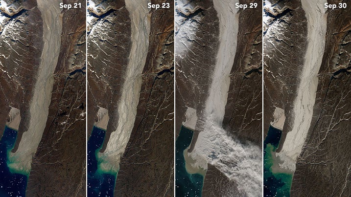NASA Earth Observatory images by Joshua Stevens, using Landsat data from the U.S. Geological Survey and modified Copernicus Sentinel data (2018) processed by the European Space Agency. 
https://earthobservatory.nasa.gov/images/92891/glacier-flour-in-greenland-skies