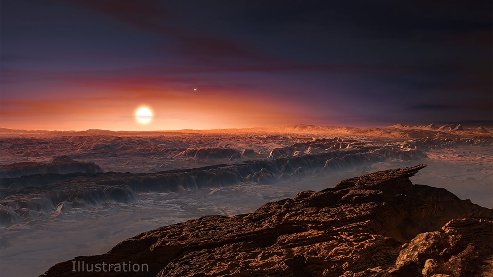 This artist&rsquo;s impression shows a view of the surface of the planet Proxima b orbiting the red dwarf star Proxima Centauri, the closest star to the Solar System. The double star Alpha Centauri AB also appears in the image to the upper-right of Proxima itself. Proxima b is a little more massive than the Earth and orbits in the habitable zone around Proxima Centauri, where the temperature is suitable for liquid water to exist on its surface.