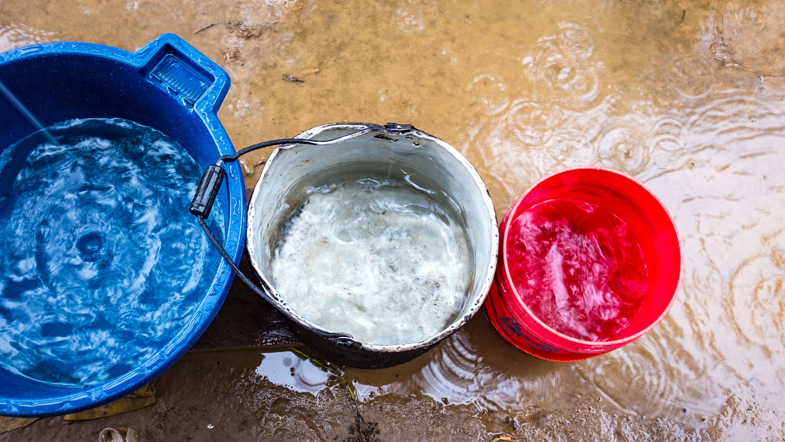 Blue, White and Red Plastic Buckets Filled with Rainwater on a Muddy Floor in the Bolivian Amazonia