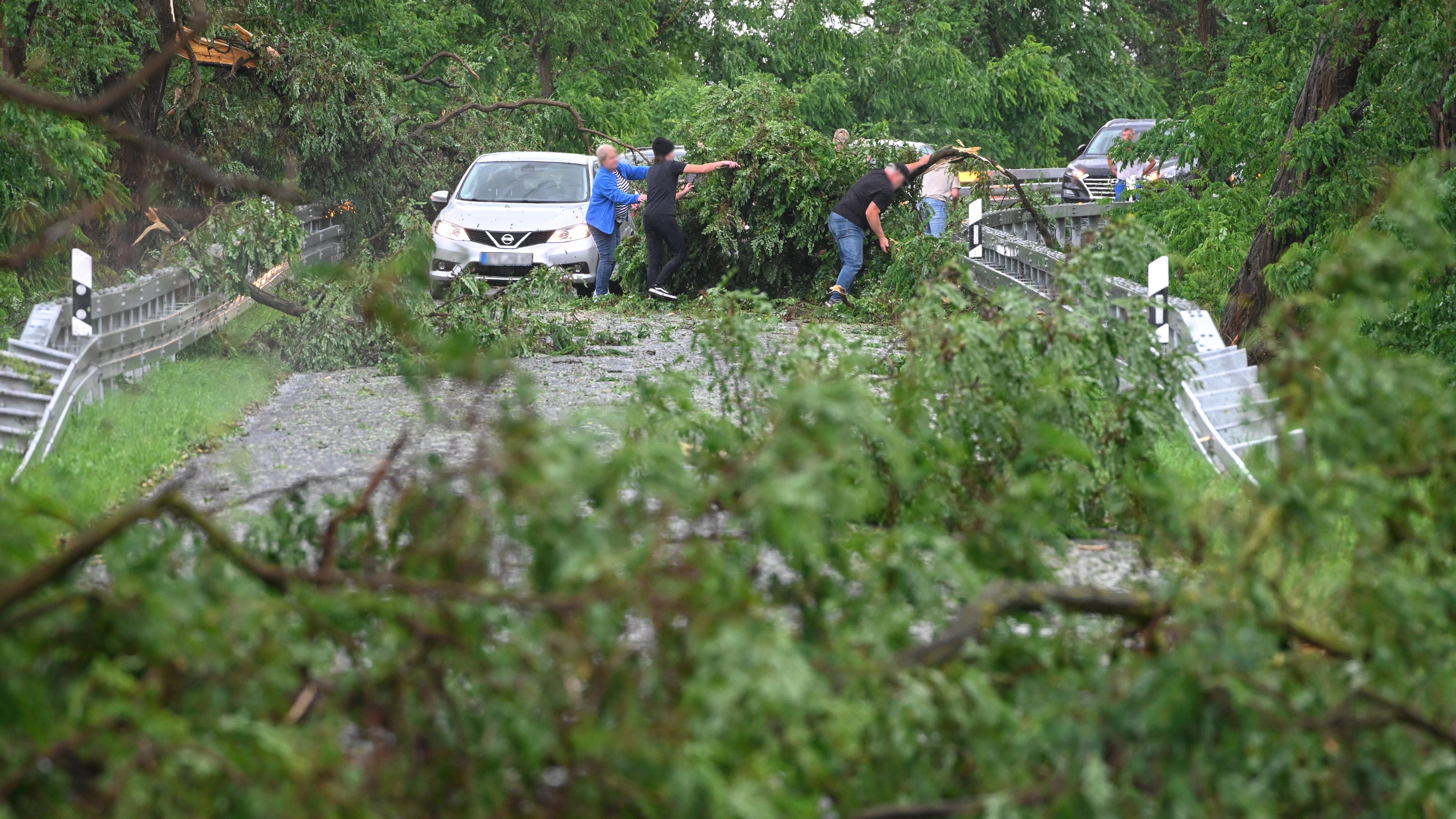 21.06.2024, Sachsen-Anhalt, Z&ouml;rbig: Autofahrer befreien eine Stra&szlig;e von abgeknickten &Auml;sten. &Uuml;ber die Stadt Z&ouml;rbig im Landkreis Anhalt-Bitterfeld ist eine heftige Gewitterzelle gezogen und richtete zahlreiche Sch&auml;den an. (Heiko Rebsch/dpa)