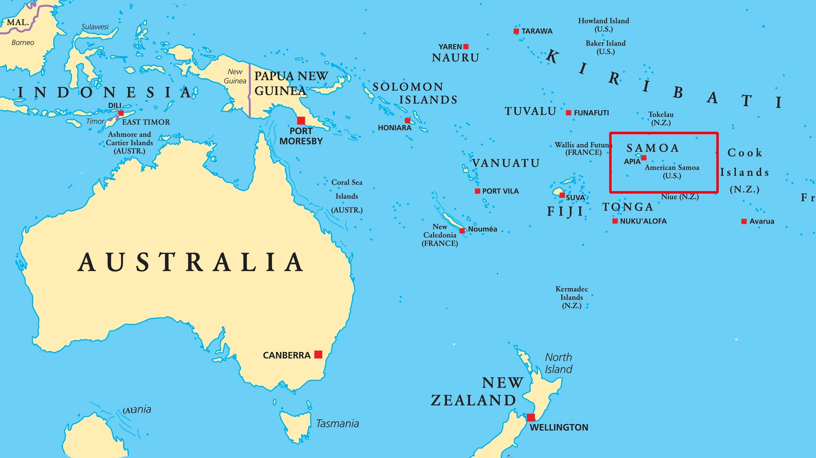 Oceania political map. Region, centered on central Pacific Ocean islands. With Melanesia, Micronesia and Polynesia, including Australasia and Malay Archipelago. Illustration. English labeling. Vector.