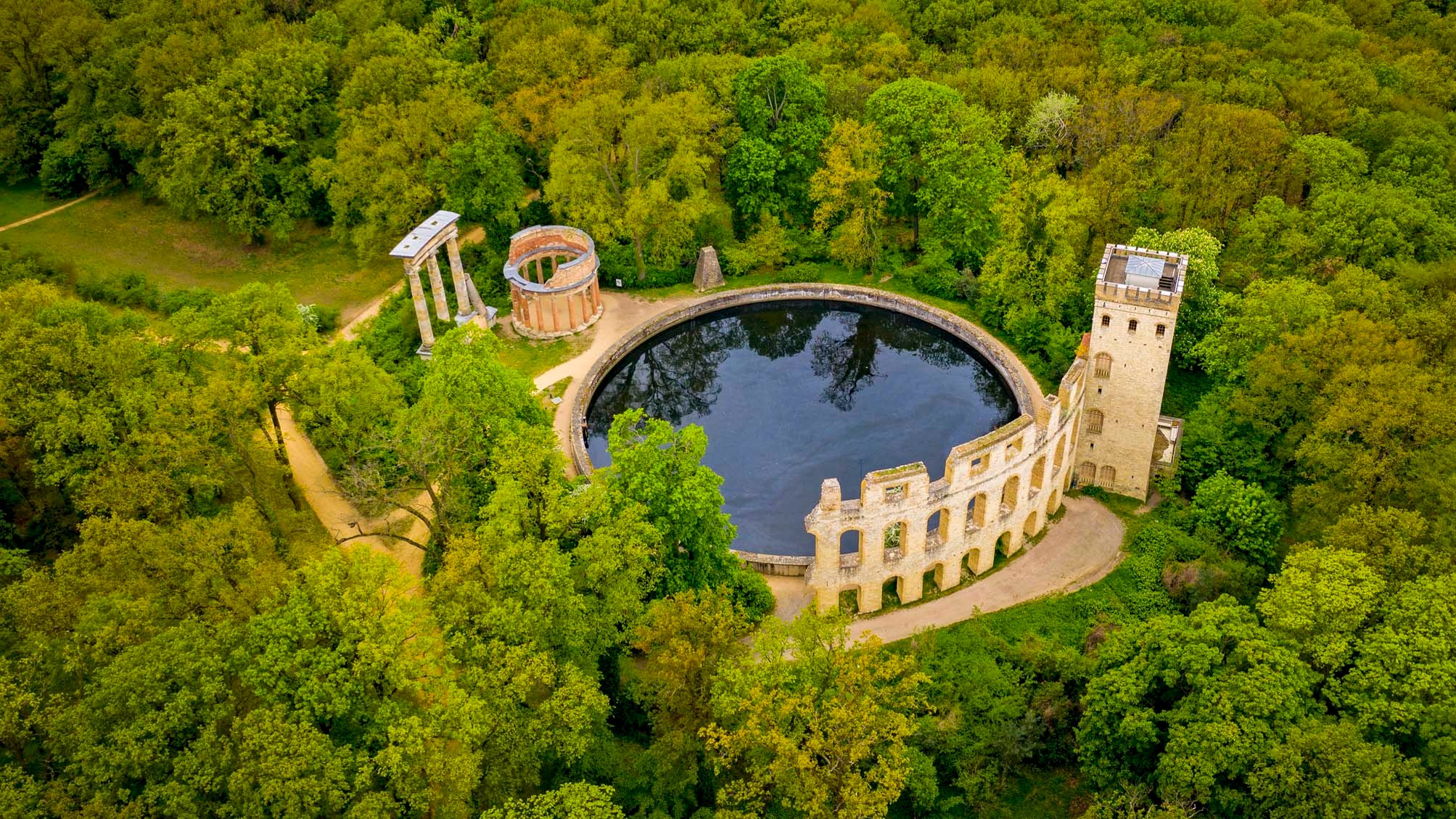 Ruinenberg, a hill in the Bornstedt borough of Potsdam. aerial photography of artificial ruins of water tank.