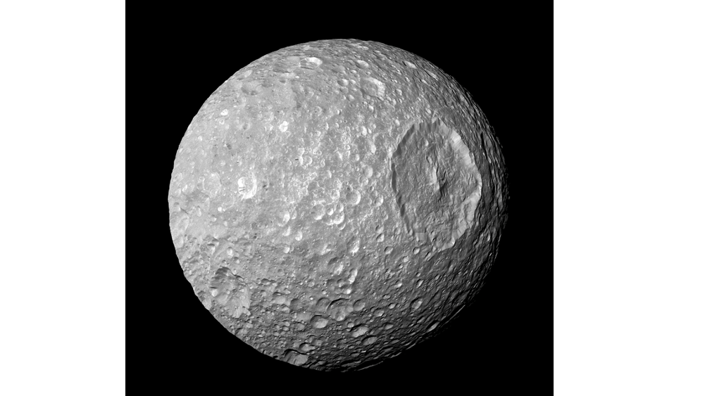 Dieses von der NASA zur Verf&uuml;gung gestellte Bild vom 13. Februar 2010 zeigt den Saturnmond Mimas und seinen gro&szlig;en Herschel-Krater, der von der Raumsonde Cassini aufgenommen wurde. (NASA/JPL-Caltech/Space Science Institute via AP)