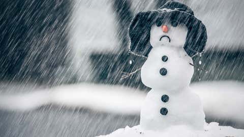 Melting snowman on the warm rainy day in the middle of January winter weather anomalies.