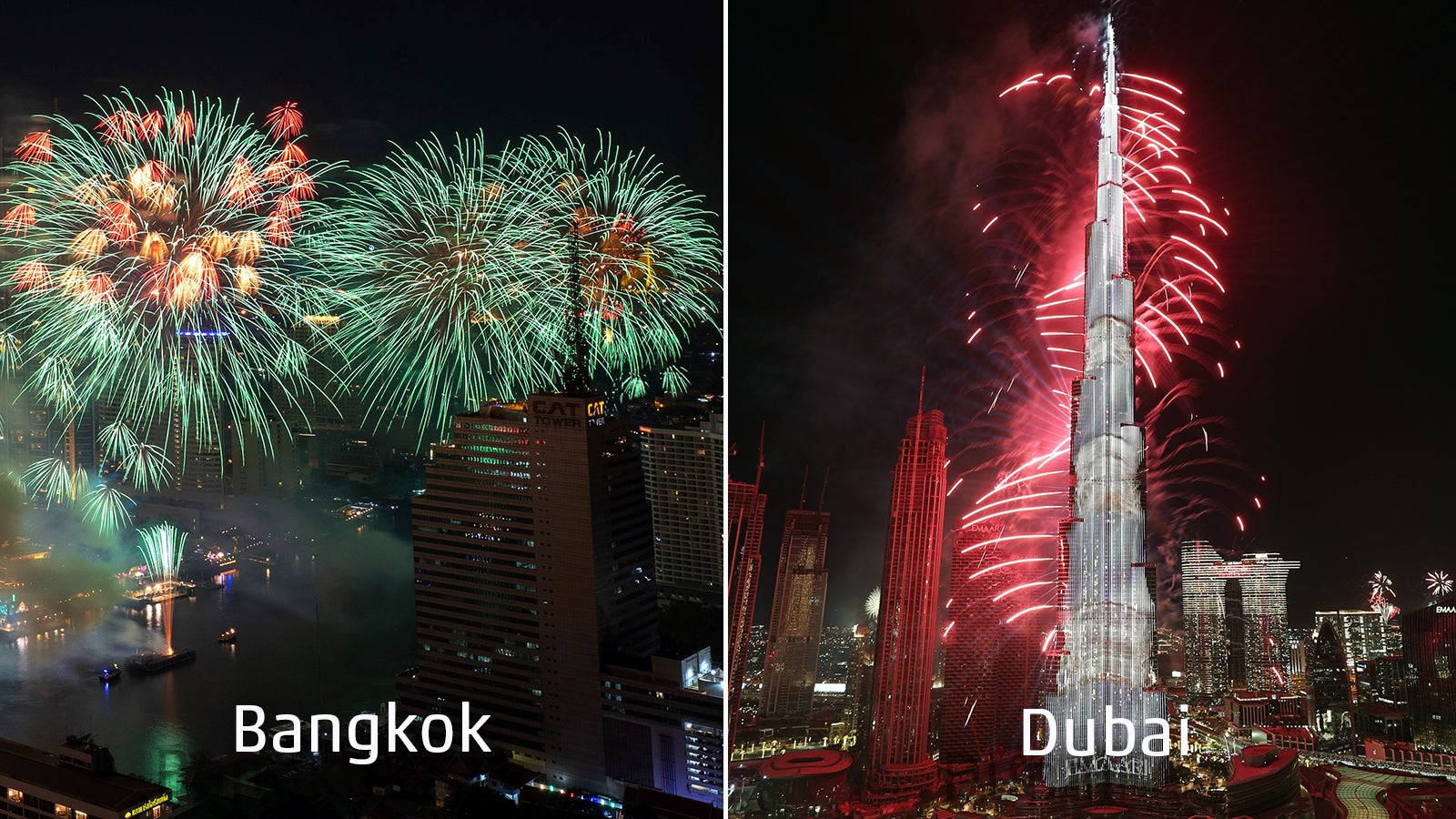 Fireworks explode at the Burj Khalifa, the world's tallest building, during the New Year's Eve celebration in Dubai, United Arab Emirates, Saturday, Jan. 1, 2022. (AP Photo/Kamran Jebreili)

, (AP Photo/Wason Wanichakorn)
