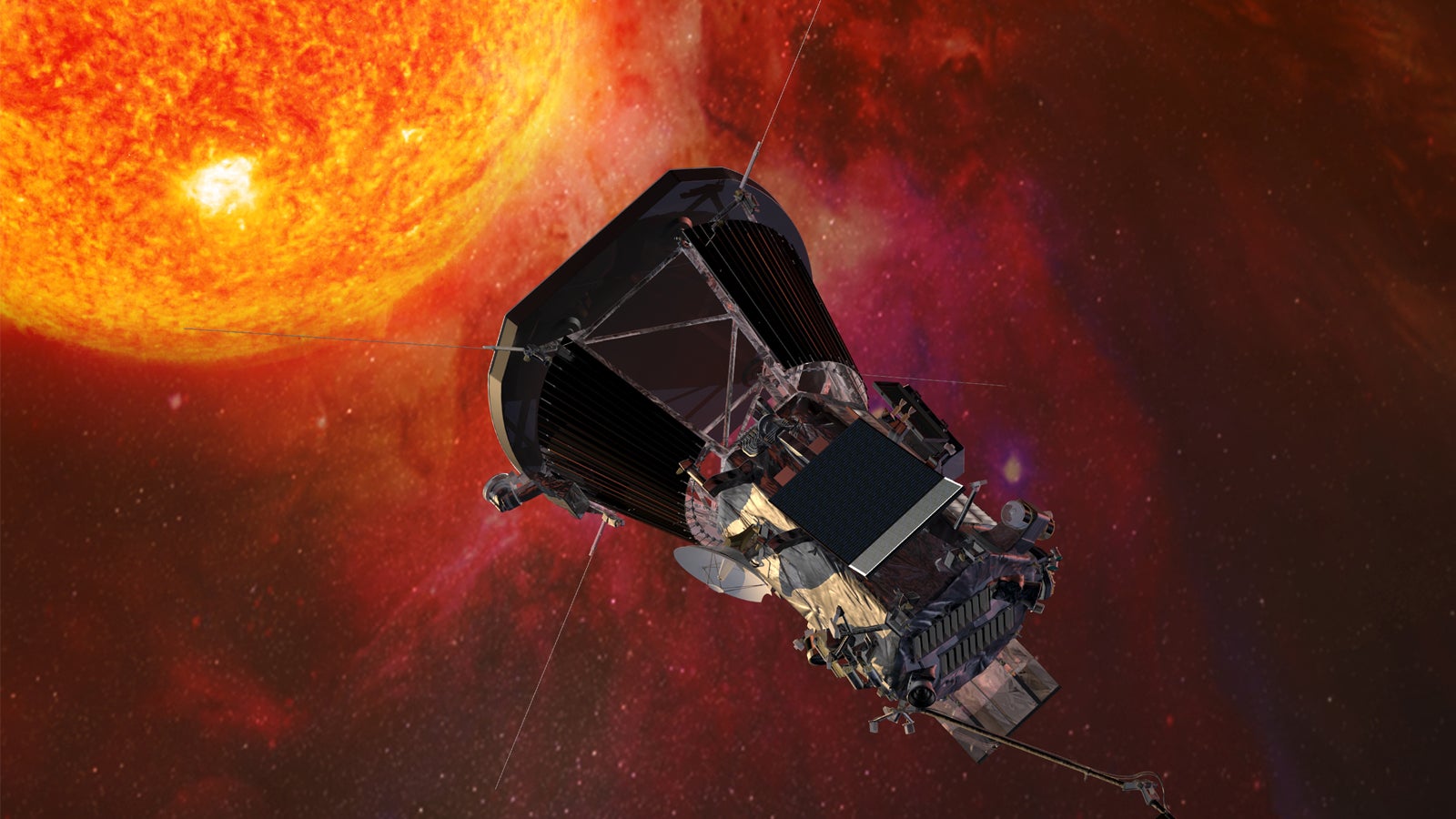 HANDOUT - 01.05.2017, ---: Die Computergrafik zeigt die &laquo;Parker Solar Probe&raquo;-Sonde der US-Raumfahrtbeh&ouml;rde Nasa auf dem Weg zur Sonne. Die im August gestartete Sonde &laquo;Parker Solar Probe&raquo; der US-Raumfahrtbeh&ouml;rde ist so nahe an die Sonne herangekommen wie kein anderes Raumschiff zuvor. (zu dpa &laquo;Nasa-Sonde so nah an der Sonne wie kein Raumschiff zuvor&raquo; vom 30.10.2018) Foto: Johns Hopkins University Applied Physics Laboratory/NASA/dpa - ACHTUNG: Nur zur redaktionellen Verwendung und nur mit vollst&auml;ndiger Nennung des vorstehenden Credits +++ dpa-Bildfunk +++