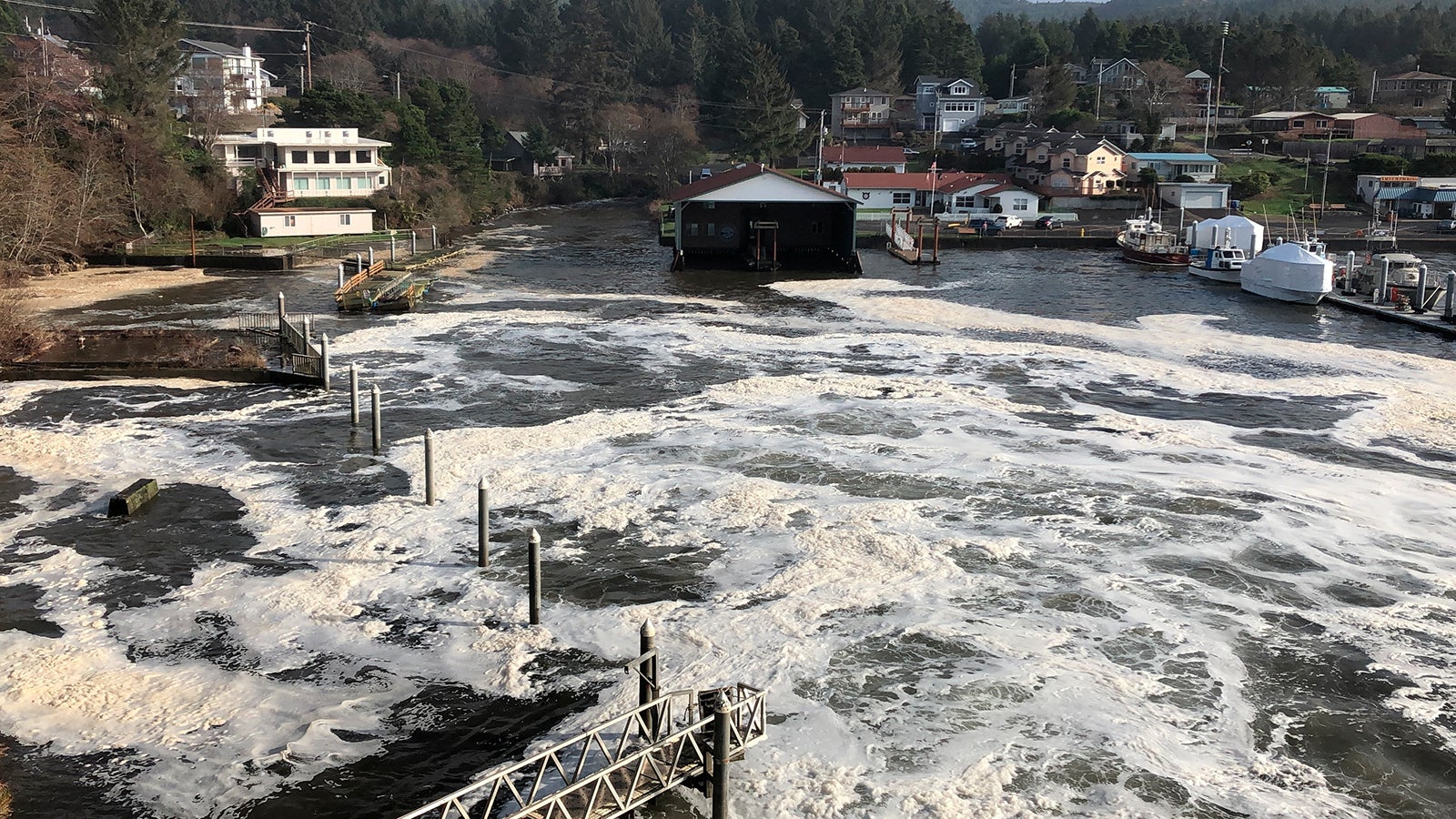 n this Jan. 11, 2020 photo an extreme high tide rolls in and floods parts of the harbor in Depoe Bay, Ore. during a so-called "king tide" that coincided with a big winter storm. Amateur scientists are whipping out their smartphones to document the effects of extreme high tides on shore lines from the United States to New Zealand, and by doing so are helping better predict what rising sea levels due to climate change will mean for coastal communities around the world. (AP Photo/Gillian Flaccus)