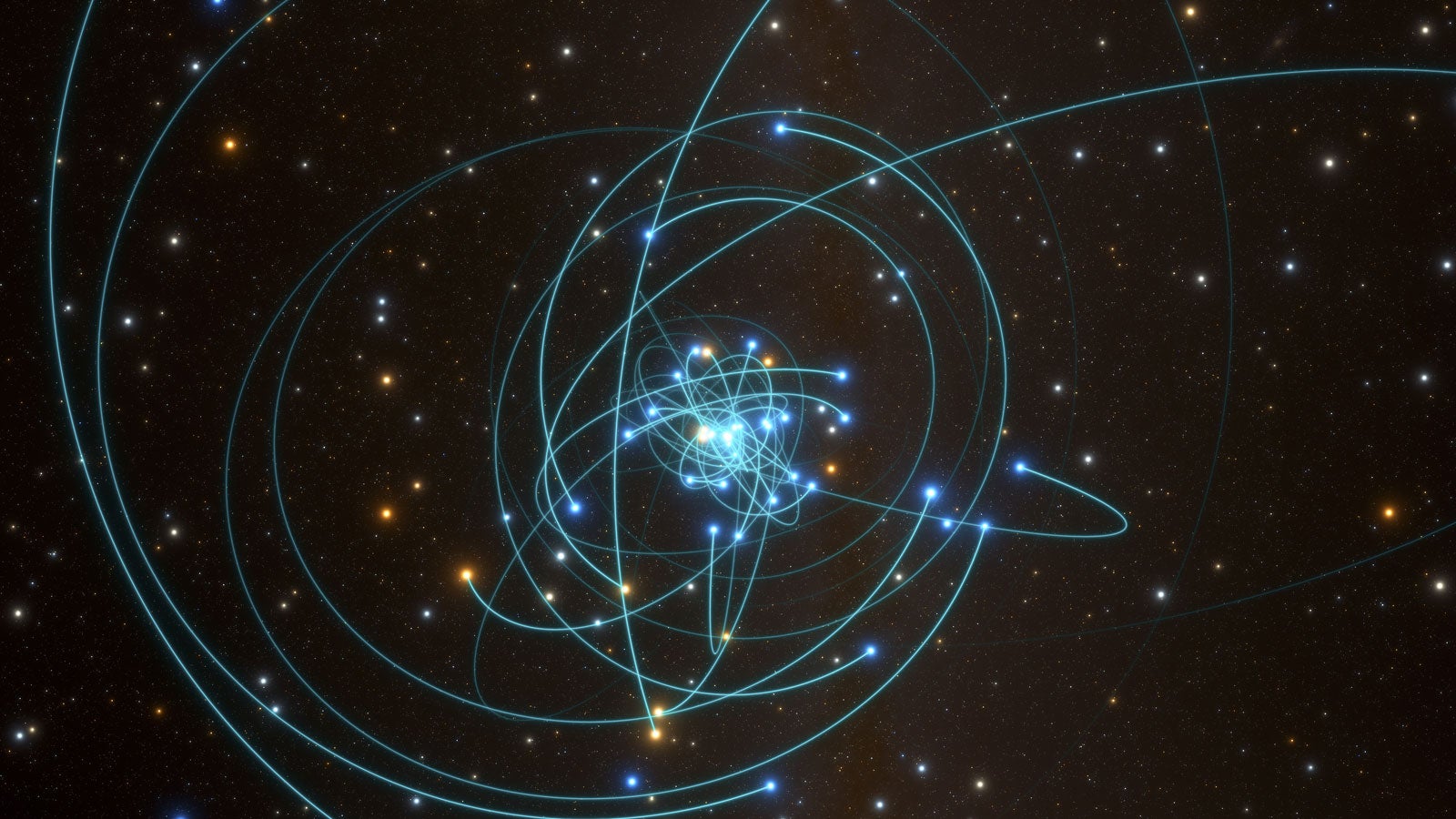 HANDOUT - 26.07.2018, ---: Dieses zur Verf?gung gestellte Bild zeigt eine Simulation der Umlaufbahnen von Sternen, die dem gigantischen Schwarze Loch im Herzen der Milchstra?e sehr nah kommen. Der rasante Tanz eines Sterns im Zentrum unserer Milchstra?e liefert eine bislang unerreichte Best?tigung von Albert Einsteins Allgemeiner Relativit?tstheorie: Der Stern l?uft um das gigantische Schwarze Loch im Herzen unserer Heimatgalaxie auf einer Bahn mit der Form einer Rosette. Foto: L. Cal?ada/ESO/dpa - ACHTUNG: Nur zur redaktionellen Verwendung im Zusammenhang mit der aktuellen Berichterstattung und nur mit vollst?ndiger Nennung des vorstehenden Credits +++ dpa-Bildfunk +++