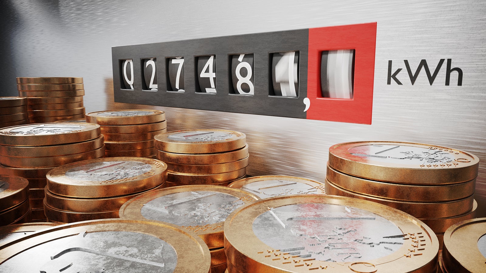 Electrometer is measuring power consumption. Coins in foreground. Expensive electricity concept. 3D rendered illustration.