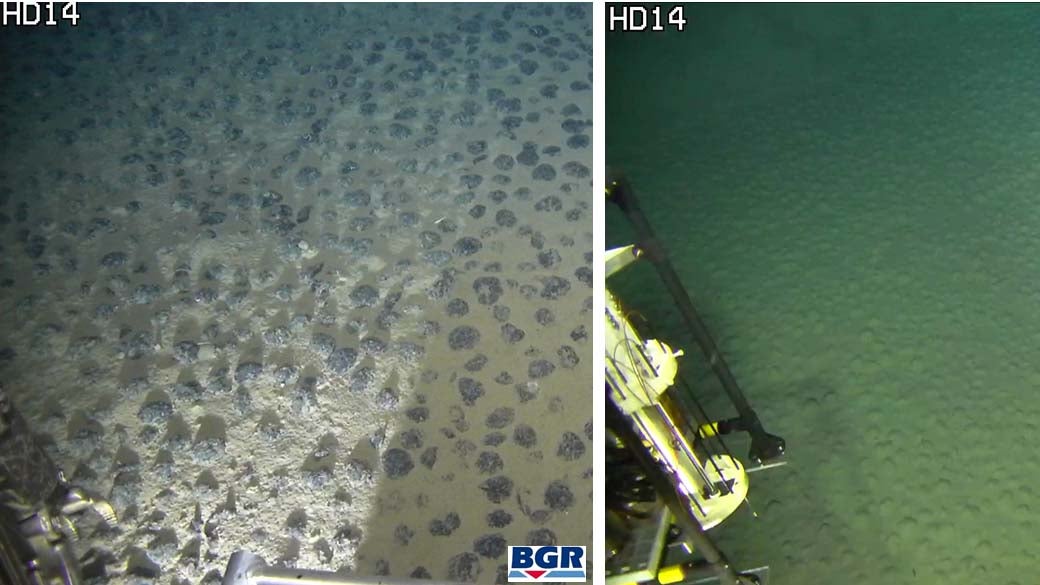 HANDOUT - 11.05.2021, ---: Fotos des Meeresbodens mit dem Tauchroboter HD14 vor (l) und nach (r) dem Kollektortest. Deutlich zu sehen ist eine Sedimentschicht, die sich auf den zuvor gut sichtbaren Manganknollen abgelagert hat. Ein Forscherteam mit deutscher Beteiligung hat am Meeresboden des Pazifiks ein Ger&permil;t f&cedil;r den Abbau metallhaltiger Manganknollen getestet. (zu dpa &acute;Ger&permil;tetest zum Rohstoff-Abbau in der Tiefsee abgeschlossen&ordf;) Foto: -/BGR/dpa - ACHTUNG: Nur zur redaktionellen Verwendung im Zusammenhang mit der aktuellen Berichterstattung und nur mit vollst&permil;ndiger Nennung des vorstehenden Credits +++ dpa-Bildfunk +++