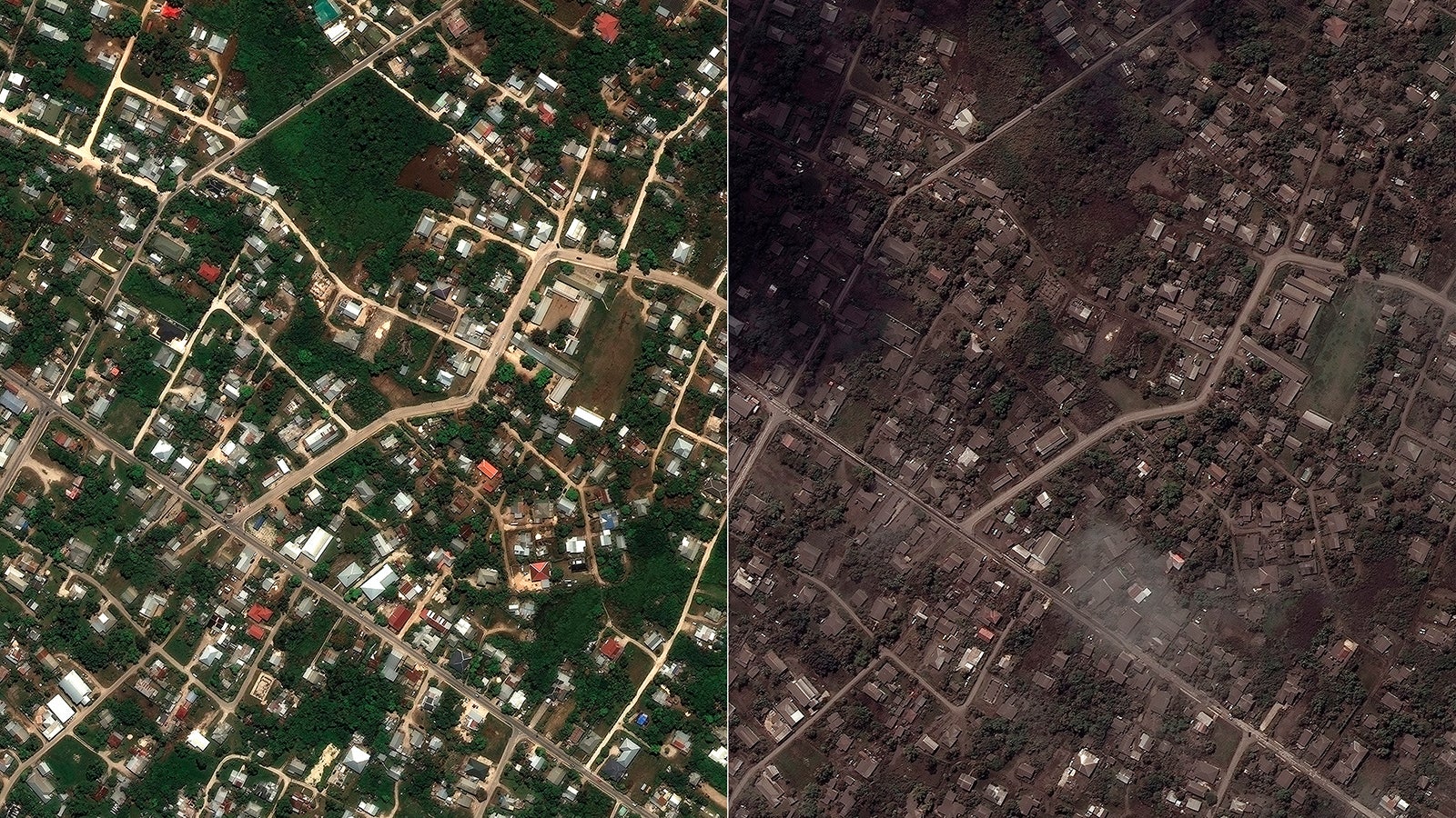 This combination of the satellite images provided by Maxar Technologies shows homes and buildings in Tonga on Dec. 29, 2021, above, and on Jan. 18, 2022. (Satellite image &copy;2022 Maxar Technologies via AP)