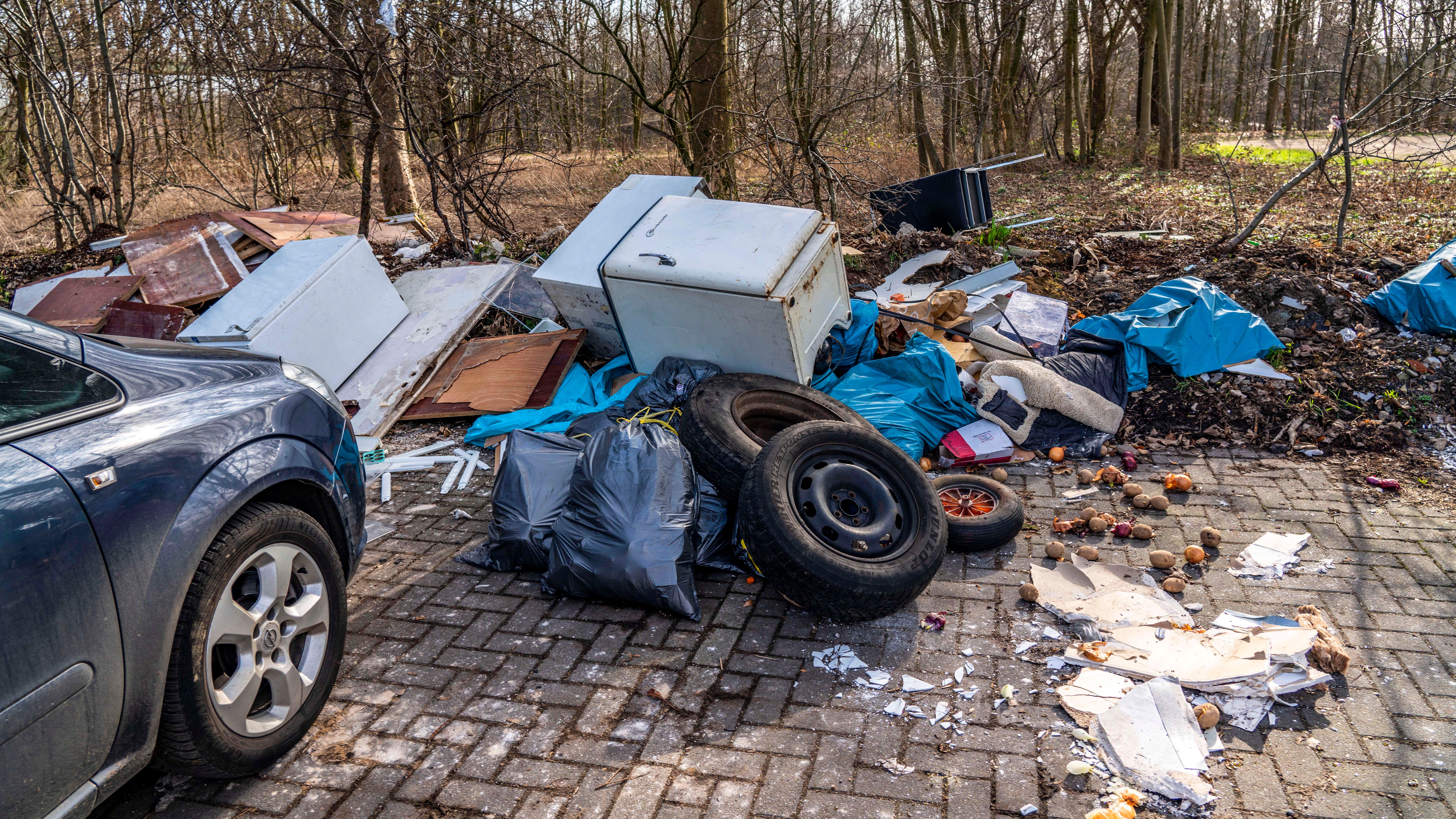 Illegale M&cedil;llentsorgung auf einem Parkplatz, an einem Waldst&cedil;ck, Reifen, M&circ;bel, K&cedil;hlschr&permil;nke, Hausm&cedil;ll, &divide;ldosen, Oberhausen NRW, Deutschland, Illegale M&cedil;llentsorgung *** Illegal waste disposal on a parking lot, at a forest, tires, furniture, refrigerators, household waste, oil cans, Oberhausen NRW, Germany, illegal waste disposal