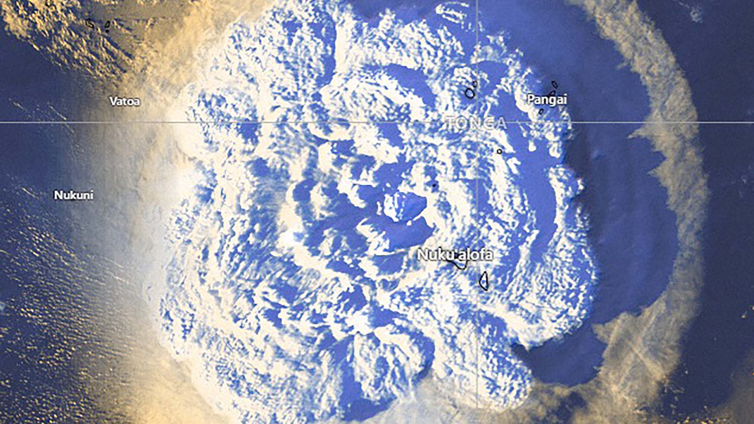 A supplied image obtained Saturday, January 15, 2022 shows a satellite image of a volcano eruption in Tonga. (AAP Image/Tonga Meteorological Services, Government of Tonga) NO ARCHIVING, EDITORIAL USE ONLY