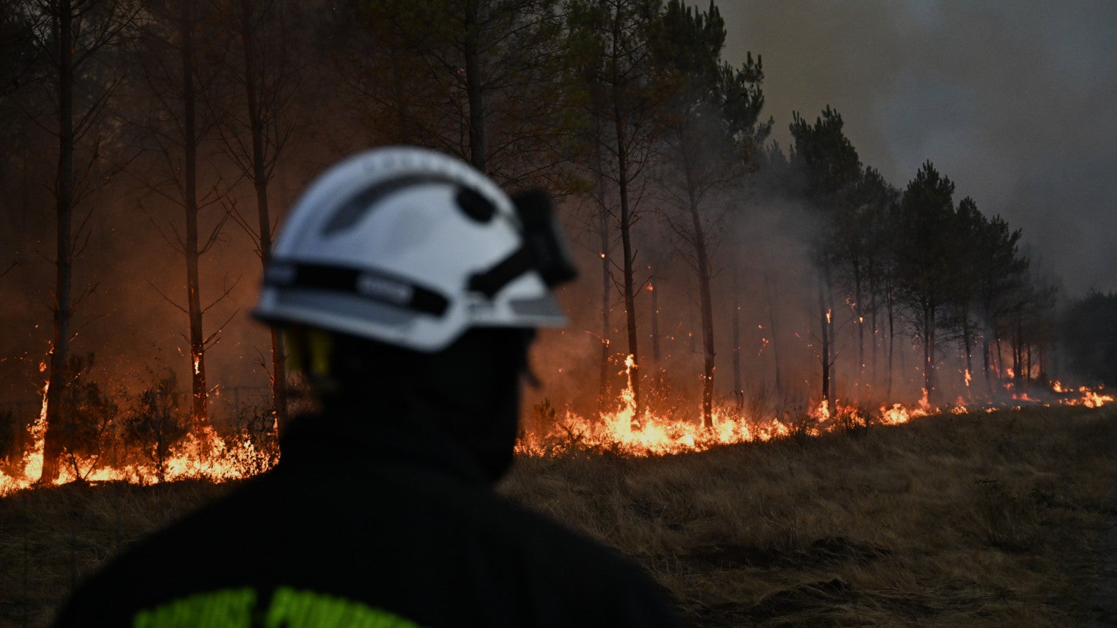 26.07.2026, Frankreich, Bordeaux: Ein Feuerwehrmann geht vor brennenden B&auml;umen vorbei, w&auml;hrend in der N&auml;he von Marcheprime, au&szlig;erhalb von Bordeaux, Frankreich, ein Waldbrand w&uuml;tet. Foto: Emma Da Silva/AP/dpa