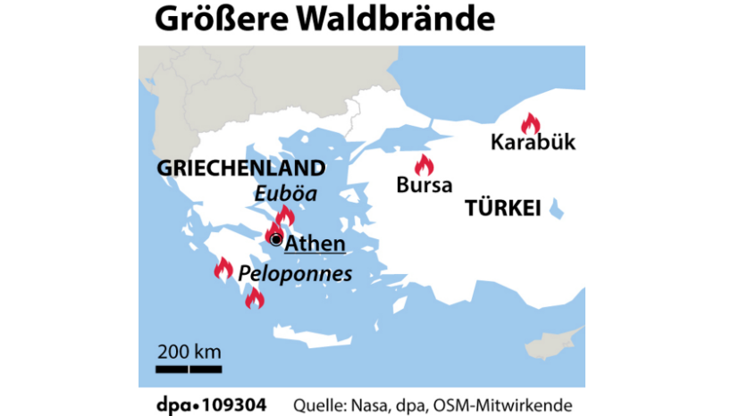 27. Juli 2025: Gr&ouml;&szlig;ere Waldbr&auml;nde in S&uuml;dosteuropa, Grafik/Redaktion: A. Br&uuml;hl