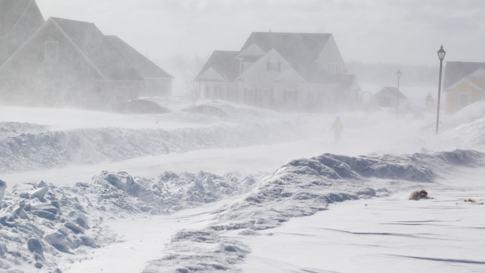 Poor visibility with strong winds blowing snow around during a snow storm in suburbia.