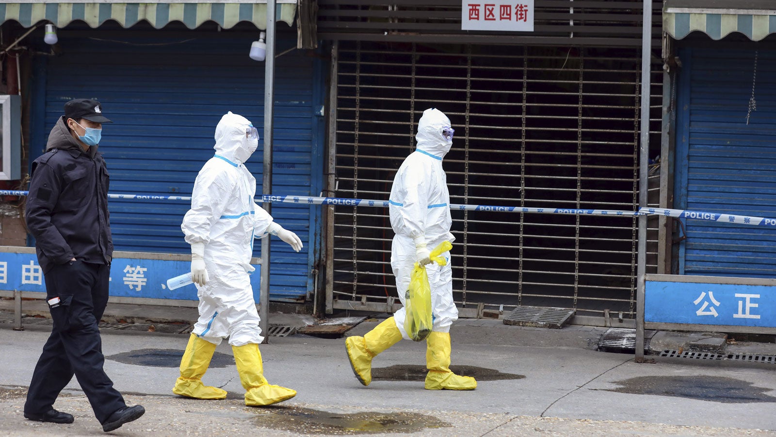 27.01.2020, China, Wuhan: Arbeiter in Schutzkleidung tragen eine Tasche in der sich ein Riesensalamander befindet, der vom Huanan Seafood Market entkommen sein soll. China hat die Feiertage f&uuml;r das Chinesische Neujahrsfest ausgeweitet, um die Bev&ouml;lkerung zu Hause zu halten und somit die Ausbreitung des Virus' zu verhindern. Foto: -/CHINATOPIX/AP/dpa 