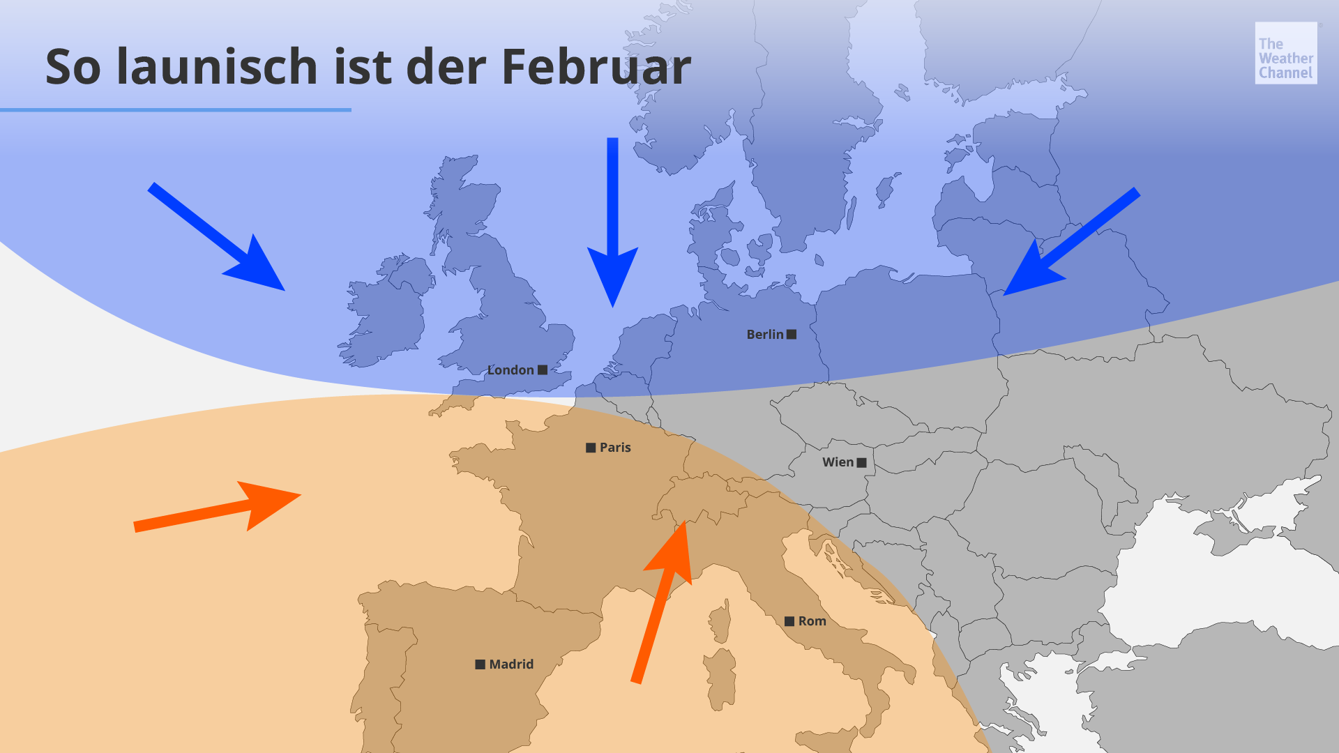 Farbig &uuml;berlagerte Europakarte mit Pfeilen, die kalte Luftmassen aus dem Norden und warme Luftmassen aus dem S&uuml;den zeigen.