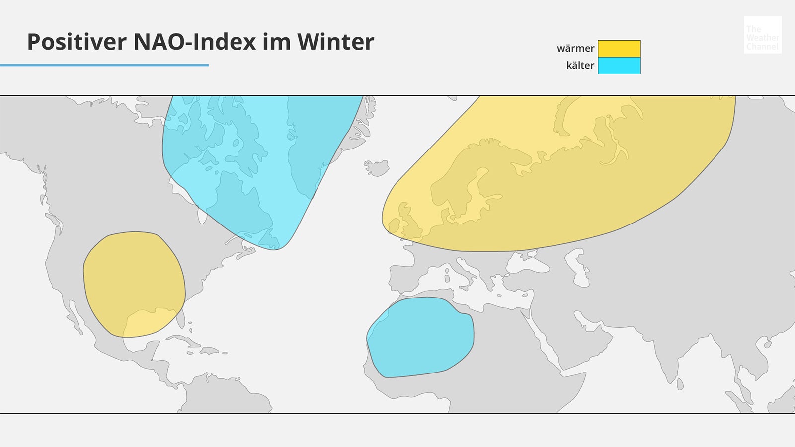 Karte von der Nordhalbkugel. Gelbe Bereiche zeigen Gebiete, die bei einer positiven NAO im Winter tendenziell w&auml;rmer sind und blaue k&auml;lter. 