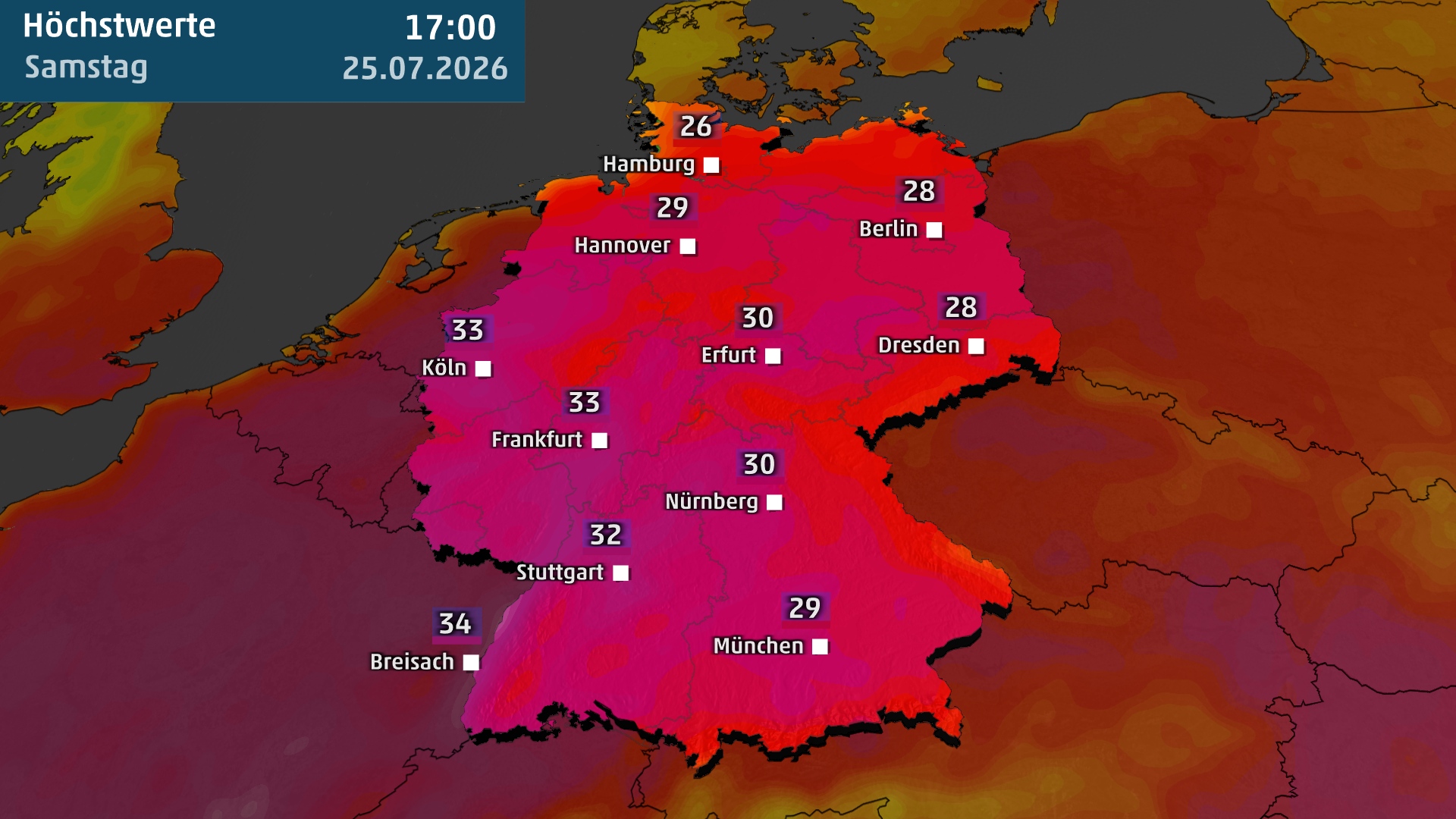Am Samstag wird es verbreitet hei&szlig; &ndash; im S&uuml;dwesten sind Spitzenwerte bis 34 Grad m&ouml;glich.