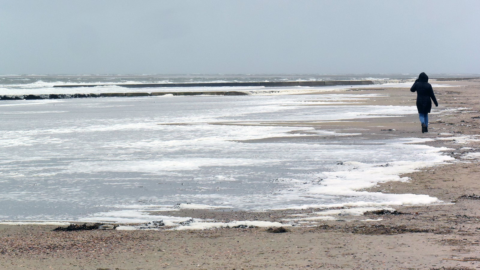 Eine Spazierg&auml;ngerin geht an der mit Meeresschaum bedeckten Wasserkante am S&uuml;dbad auf der ostfriesischen Insel. Foto: Holger Hollemann/dpa +++ dpa-Bildfunk +++