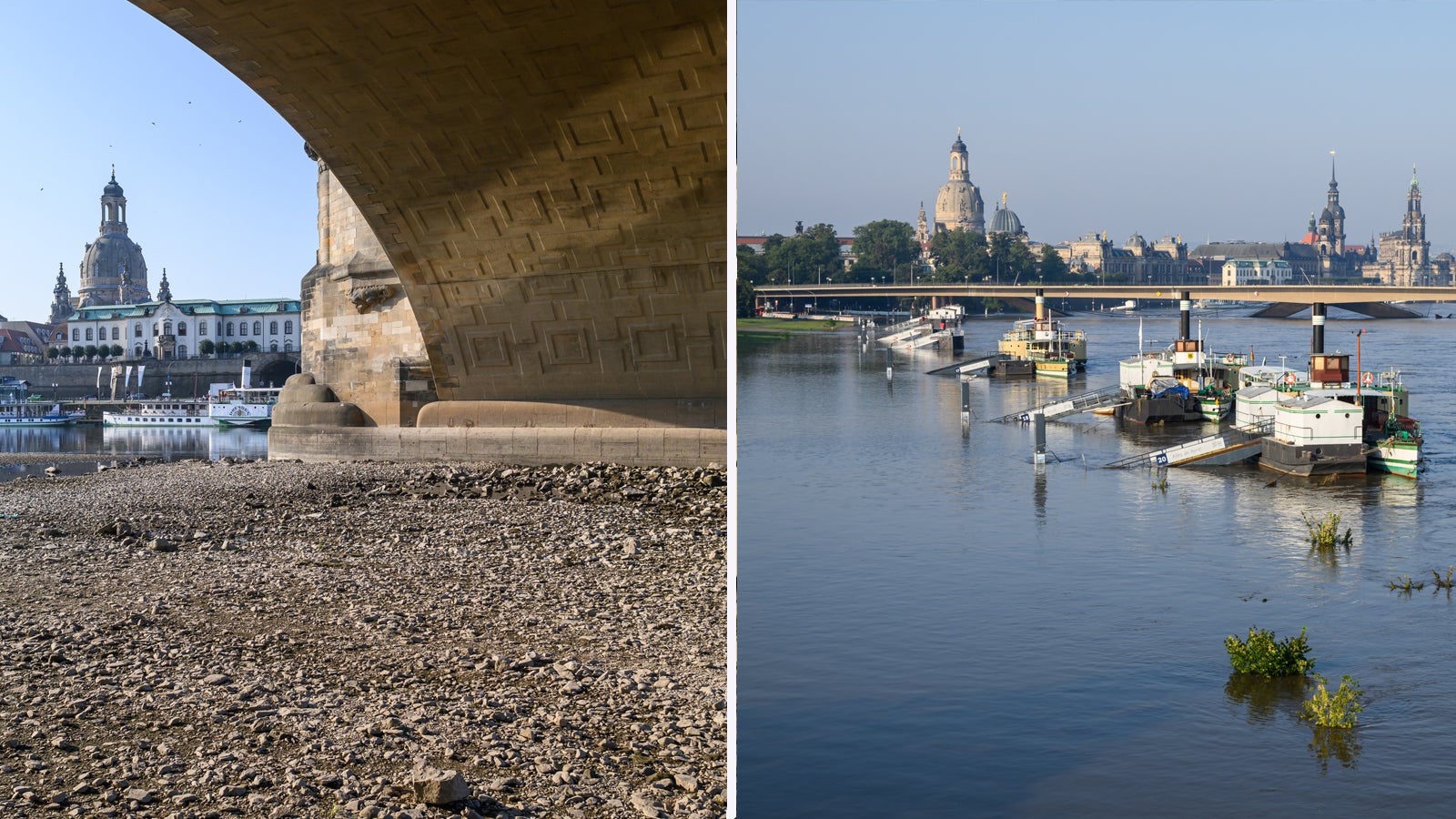 Zwischen diesen beiden Bildern liegen kaum drei Wochen: Links im Bild zu sehen ist das ausgetrocknete Elbufer unterhalb der Augustusbr&uuml;cke in Dresden (29.08.2024). Rechts sind Dampfschiffe in Dresden zu sehen, die vom Elbhochwasser umsp&uuml;lt sind (19.09.2024). Foto: dpa