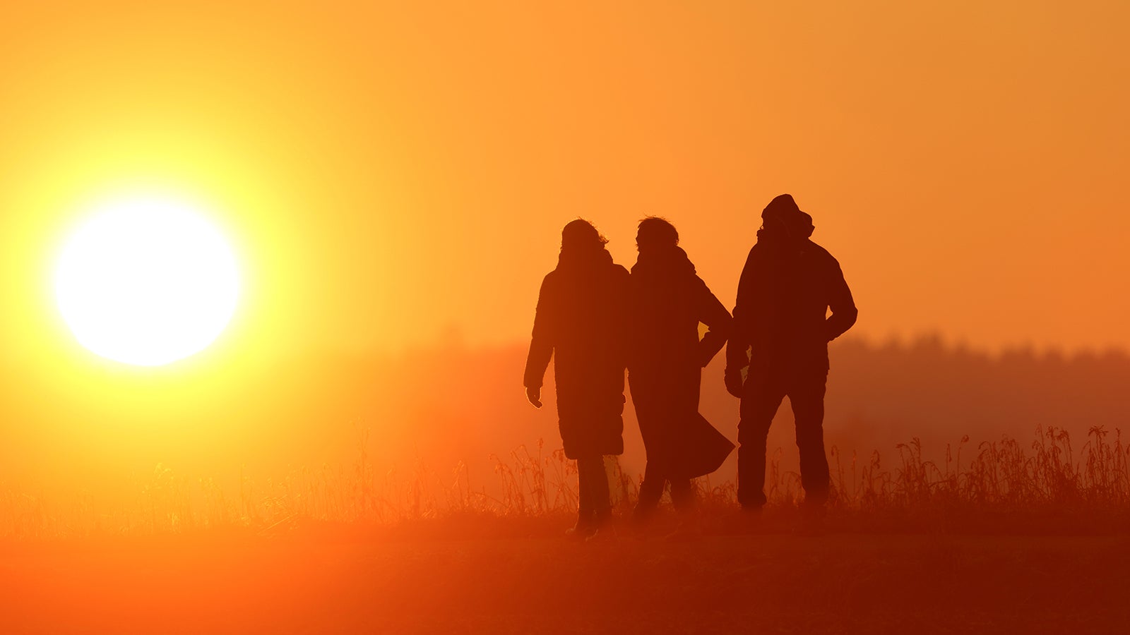 26.12.2024, Baden-W&uuml;rttemberg, Altheim: Spazierg&auml;nger laufen der untergehenden Sonne entgegen. Foto: Thomas Warnack/dpa +++ dpa-Bildfunk +++