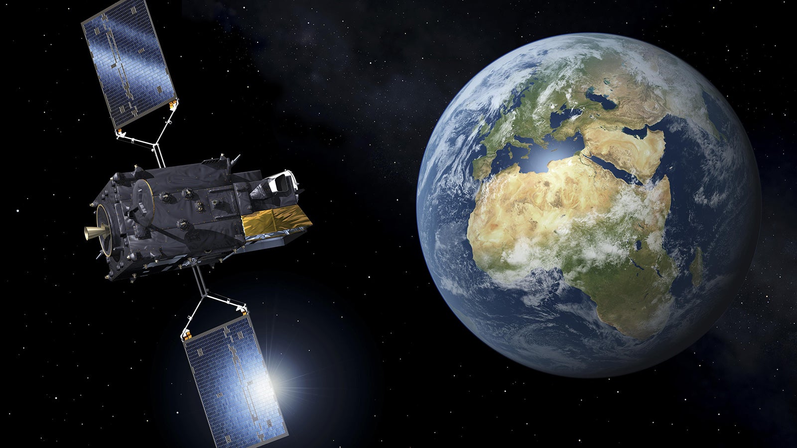 HANDOUT - 01.07.2025, ---: Die computergenerierte Darstellung, die von der Europ&auml;ischen Weltraumorganisation (ESA) herausgegeben wurde, zeigt den Wettersatelliten Meteosat Third Generation Sounder (MTG-S1) mit dem Instrument Copernicus Sentinel-4 im All (undatierte Aufnahme). Foto: P. Carril/ESA/dpa - ACHTUNG: Nur zur redaktionellen Verwendung im Zusammenhang mit der aktuellen Berichterstattung und nur mit vollst&auml;ndiger Nennung des vorstehenden Credits +++ dpa-Bildfunk +++