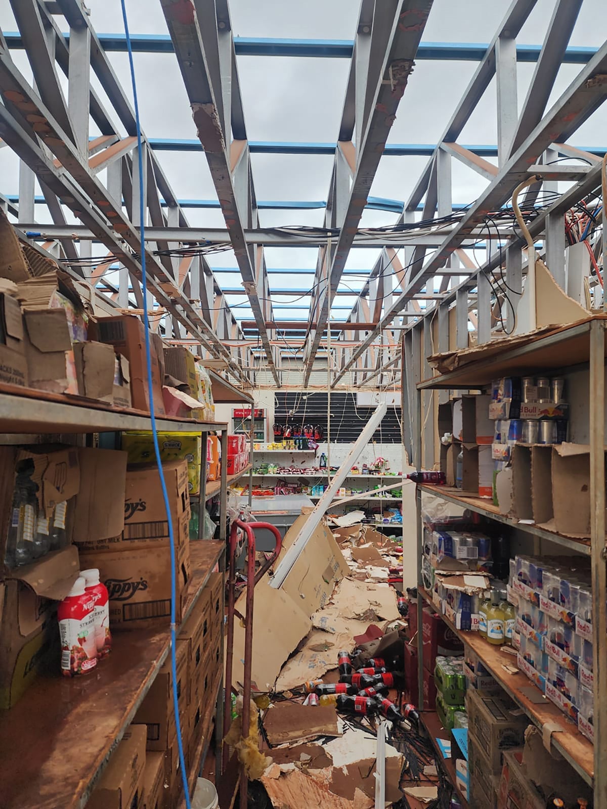 A supplied image shows damage to the Pardoo Roadhouse and Tavern in Pardoo, Western Australia, Friday, April 14, 2023. Tropical Cyclone Ilsa has crossed the Western Australian coast as a severe, category-five system before slowly weakening as it works its way inland. (AAP Image/Supplied by Pardoo Roadhouse and Tavern) NO ARCHIVING, EDITORIAL USE ONLY
