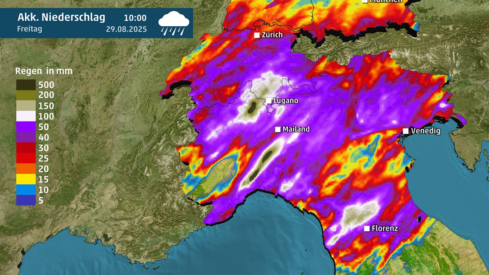 Farbige Wetterkarte mit akkumuliertem Niederschlag bis 29. August 2025, die besonders hohe Regenmengen in Norditalien und der Schweiz zeigt.